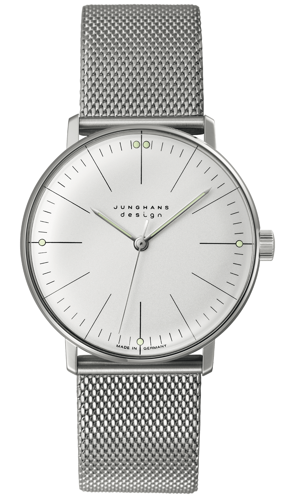 max bill Handaufzug Uhr, Edelstahlgehäuse, Milanaiseband, gewölbtes Hartplexiglas, spritzwassergeschützt.