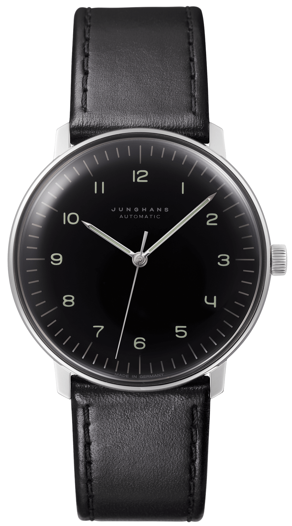 max bill Automatic Uhr mit Edelstahlgehäuse, Kalbslederband und gewölbtem Hartplexiglas.