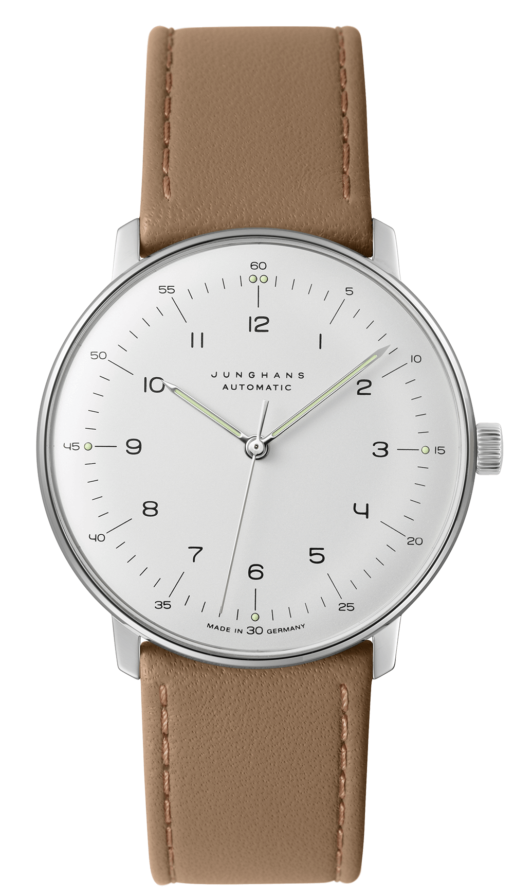 Automatikuhr max bill Automatic mit Edelstahlgehäuse, gewölbtem Hartplexiglas und Kalbslederband.