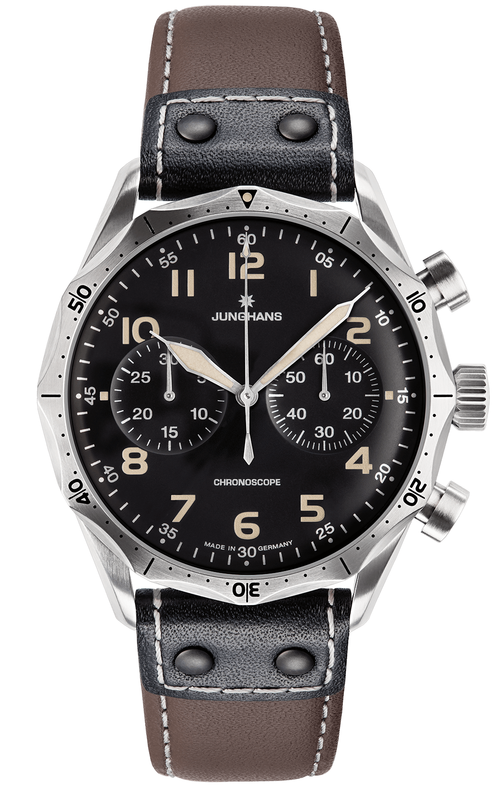 Meister Pilot Herrenchronograph mit Edelstahlgehäuse und Lederarmband.