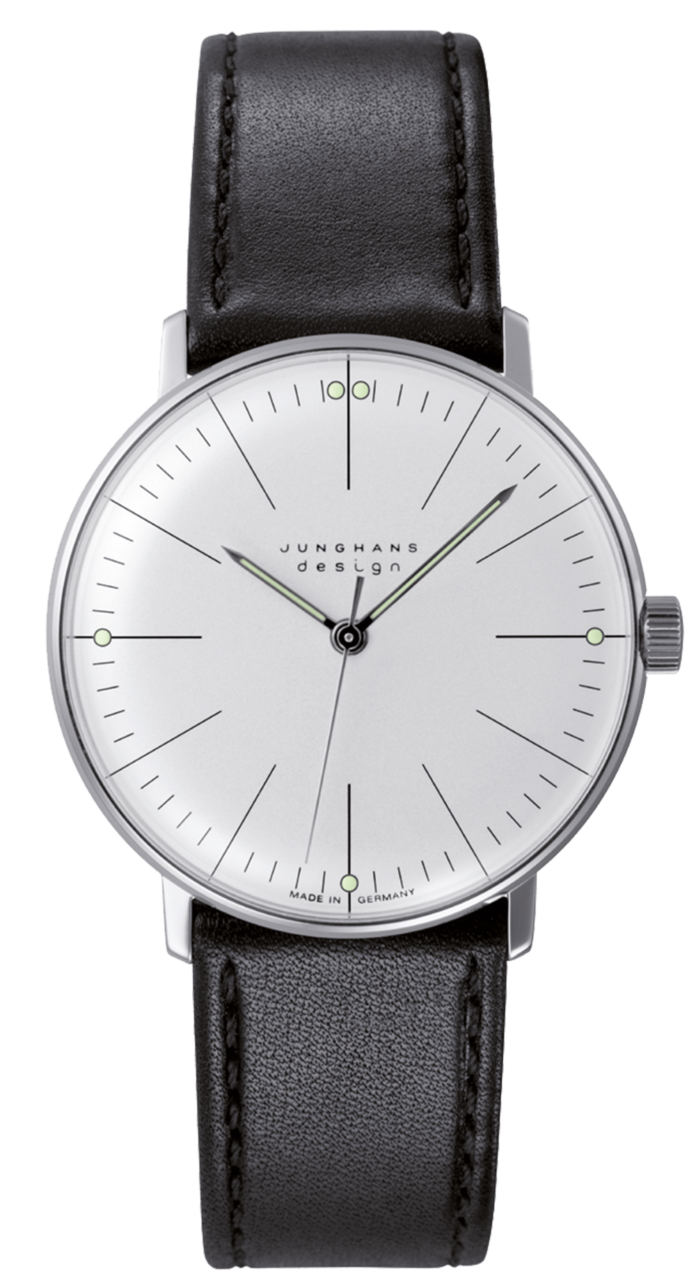 max bill Handaufzug Uhr mit Edelstahlgehäuse, 34 mm Durchmesser, Kalbslederband.