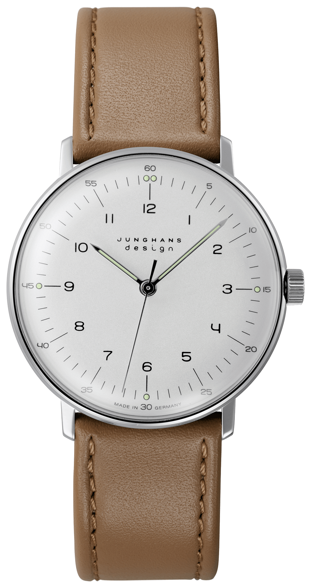 max bill Handaufzug Uhr mit Edelstahlgehäuse und Kalbslederband, kratzfestes Plexiglas, spritzwassergeschützt.