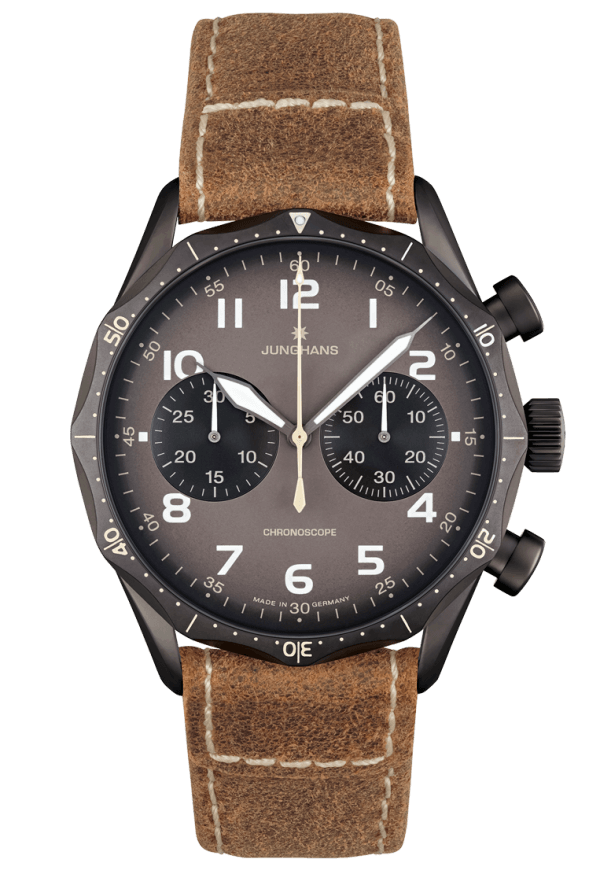 Meister Pilot Armbanduhr mit Automatikwerk, Edelstahlgehäuse, Chronoscope-Funktion und Lederarmband.