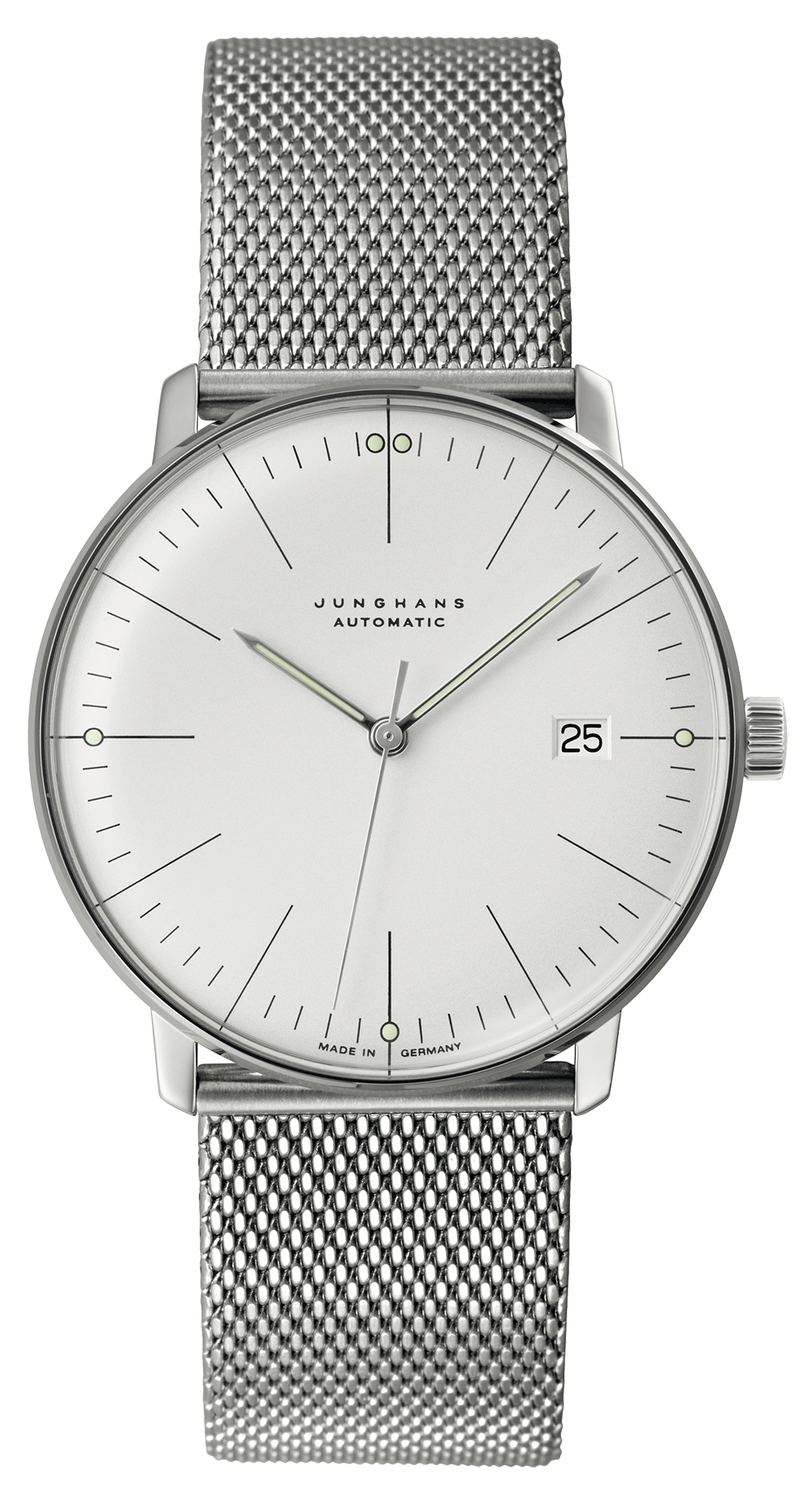 Automatikuhr max bill Automatic mit Edelstahlgehäuse und Milanaiseband.