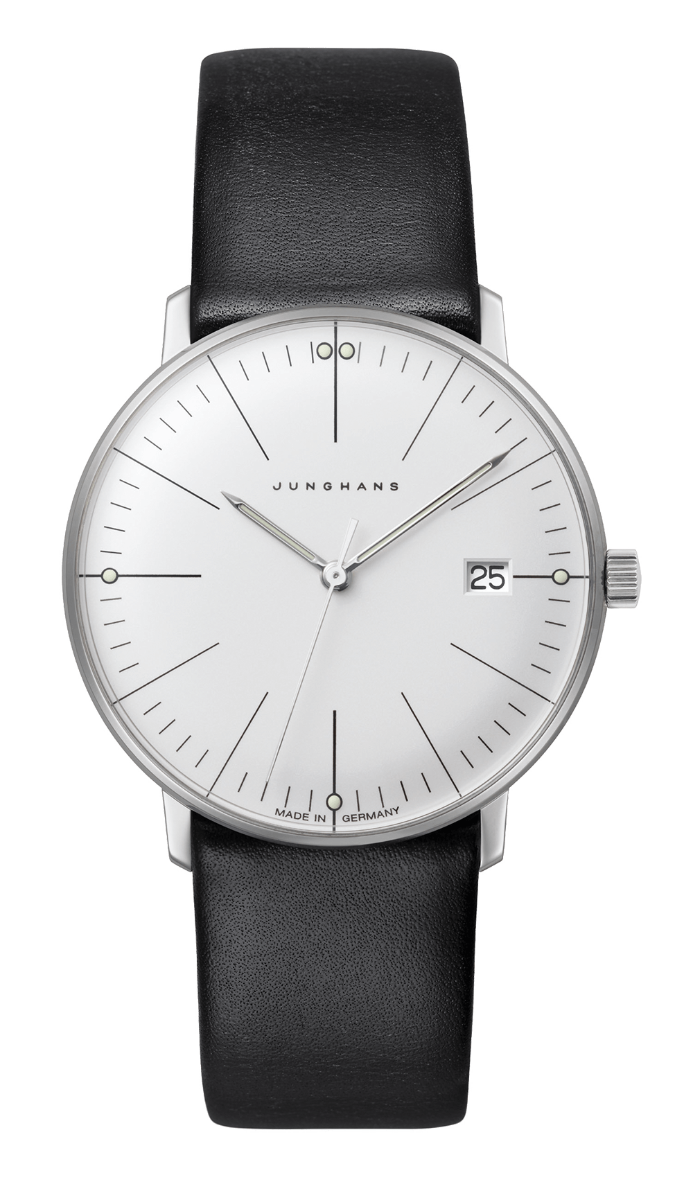 max bill Damen Uhr mit Quarzwerk, 32,7 mm Edelstahlgehäuse, Kratzfestes Hartplexiglas, schwarzes Kalbslederband.