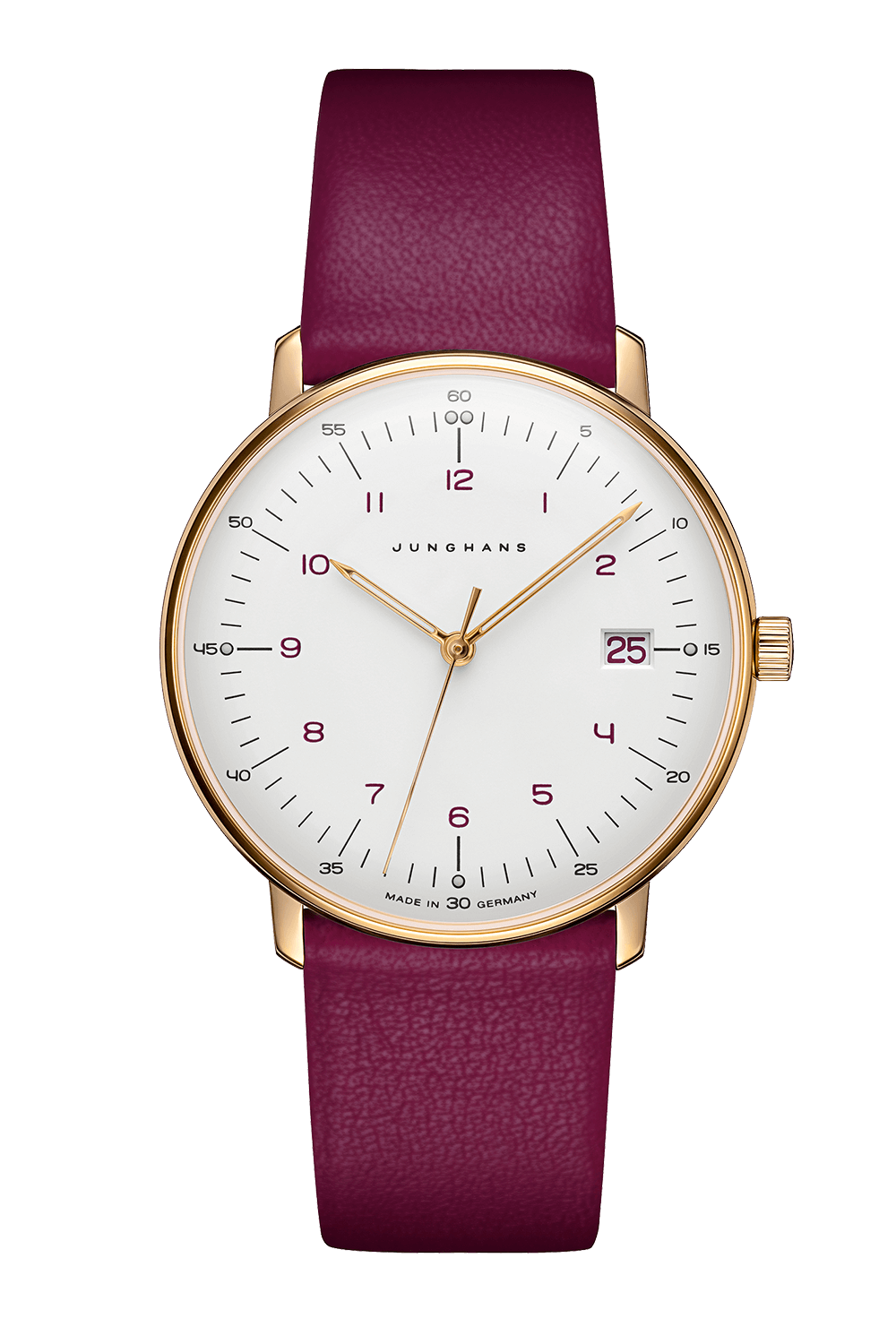 max bill Damenarmbanduhr mit Edelstahlgehäuse, gewölbtem Hartplexiglas und bordeauxfarbenem Lederband