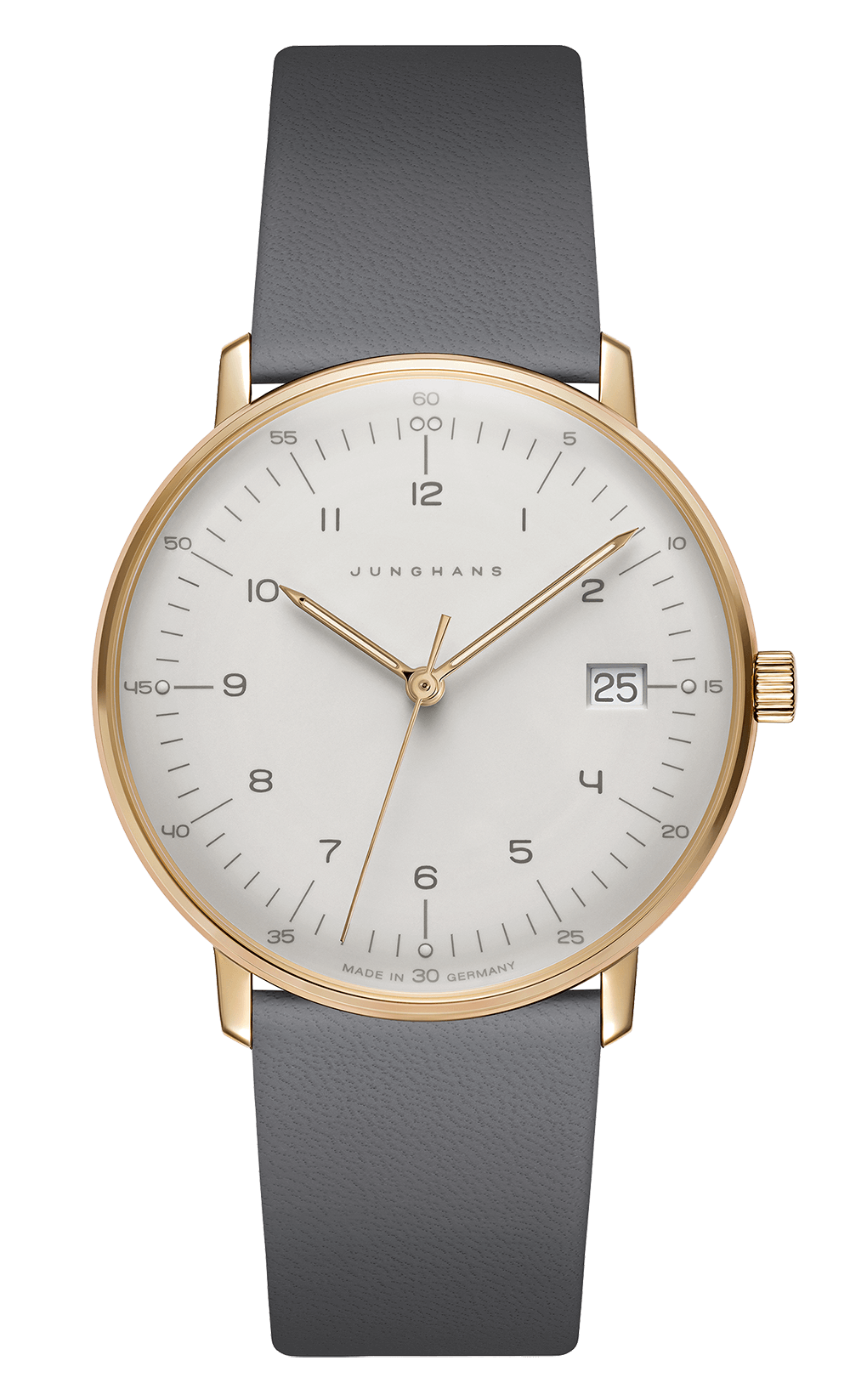 max bill Damen Armbanduhr mit Quarzwerk, Edelstahl PVD-Gehäuse, gewölbtem Hartplexiglas, Lederband und spritzwassergeschützt.