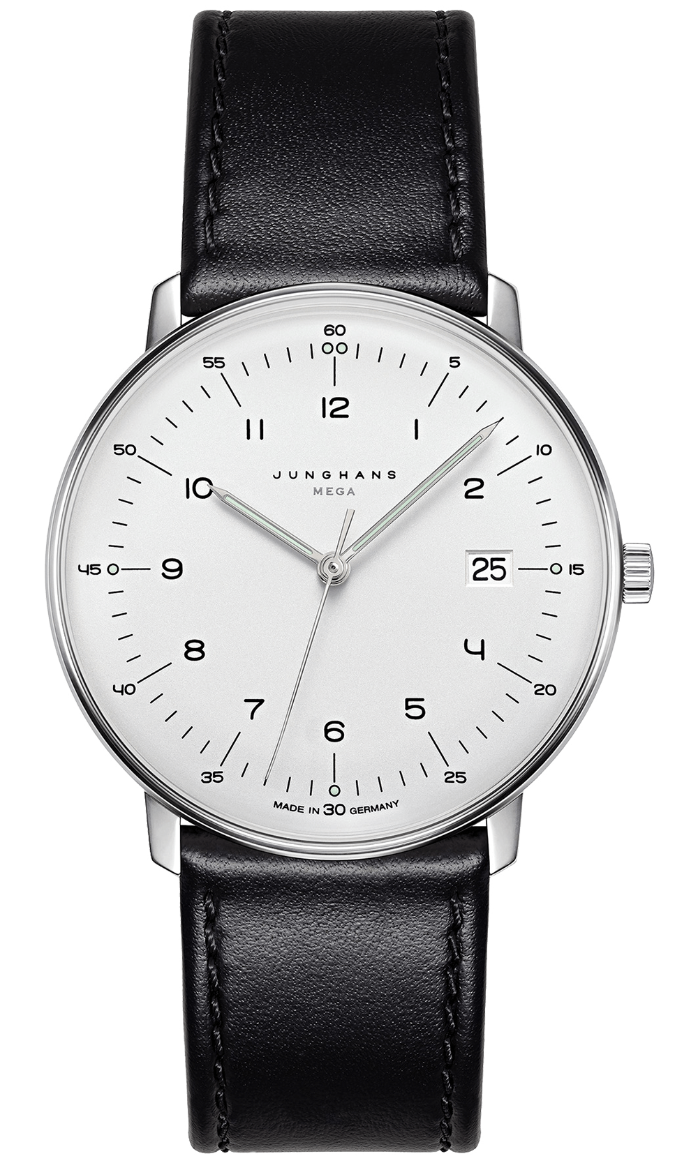 max bill MEGA Armbanduhr mit Edelstahlgehäuse, Kalbslederband und gewölbtem Hartplexiglas.
