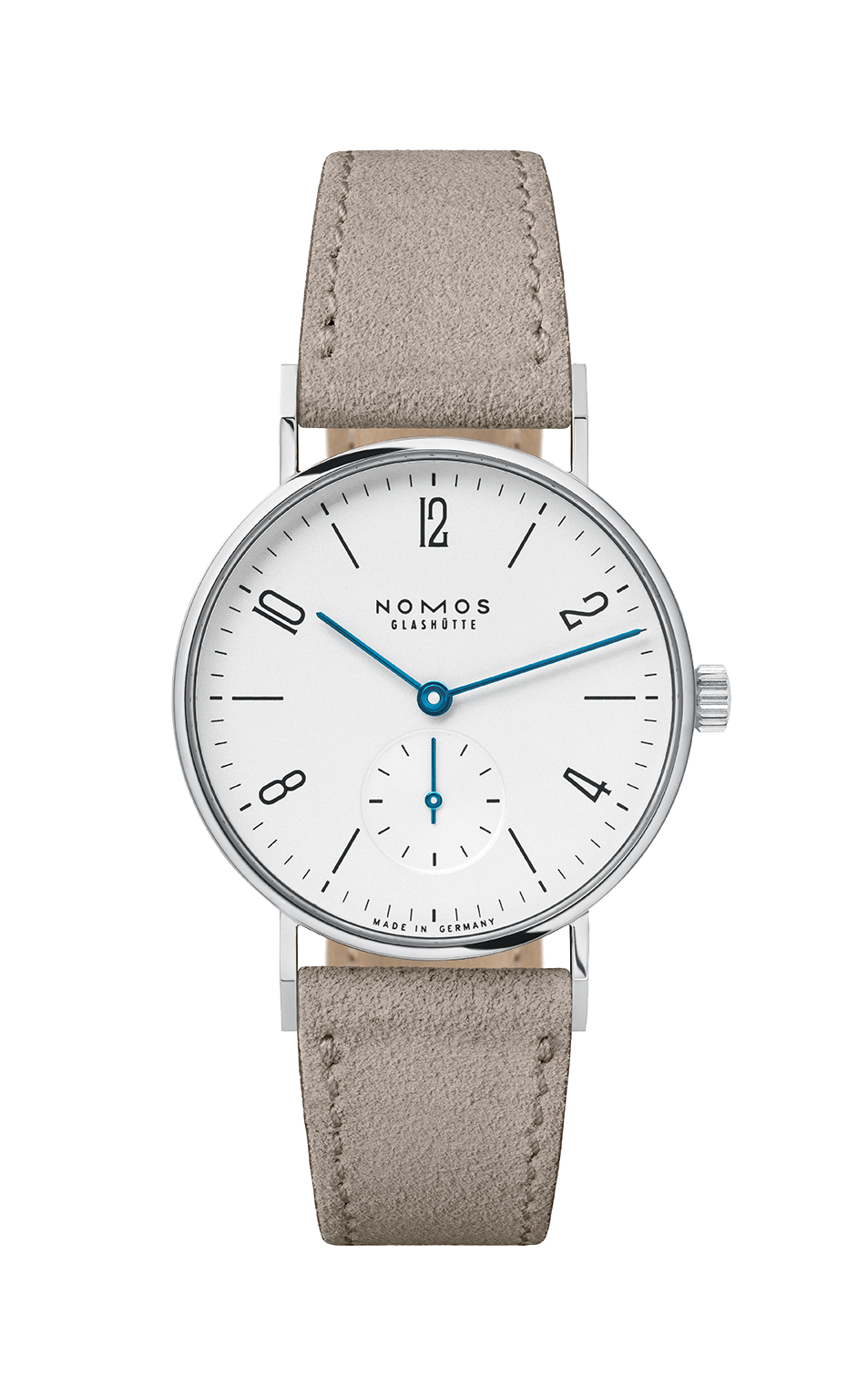 Tangente 33 Armbanduhr mit Edelstahlgehäuse, Saphirglas und beigem Velourslederarmband.