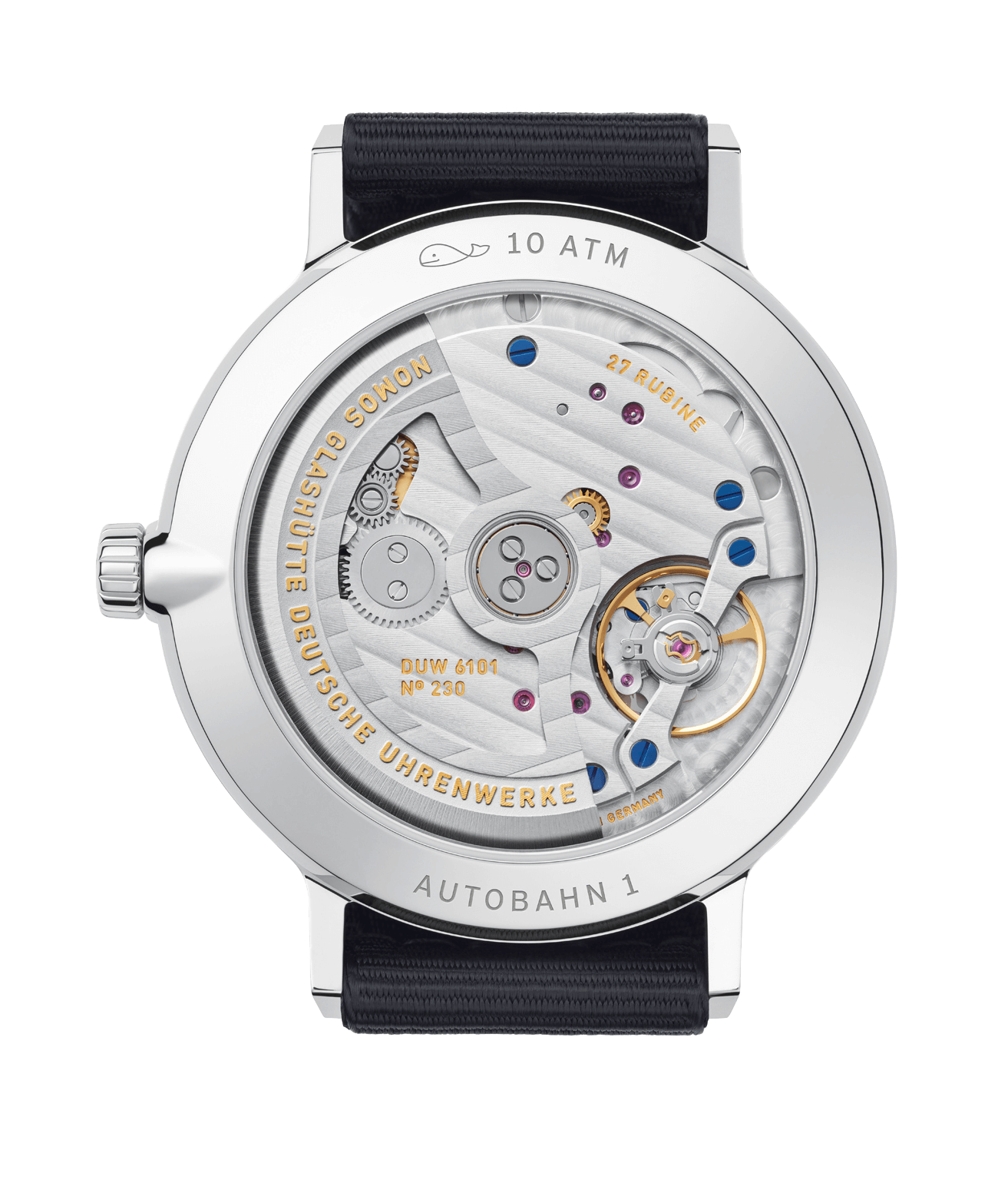 Autobahn neomatik 41 Datum sportgrau Rückseite mit transparentem Saphirglasboden, Edelstahlgehäuse und schwarzem Textilarmband.