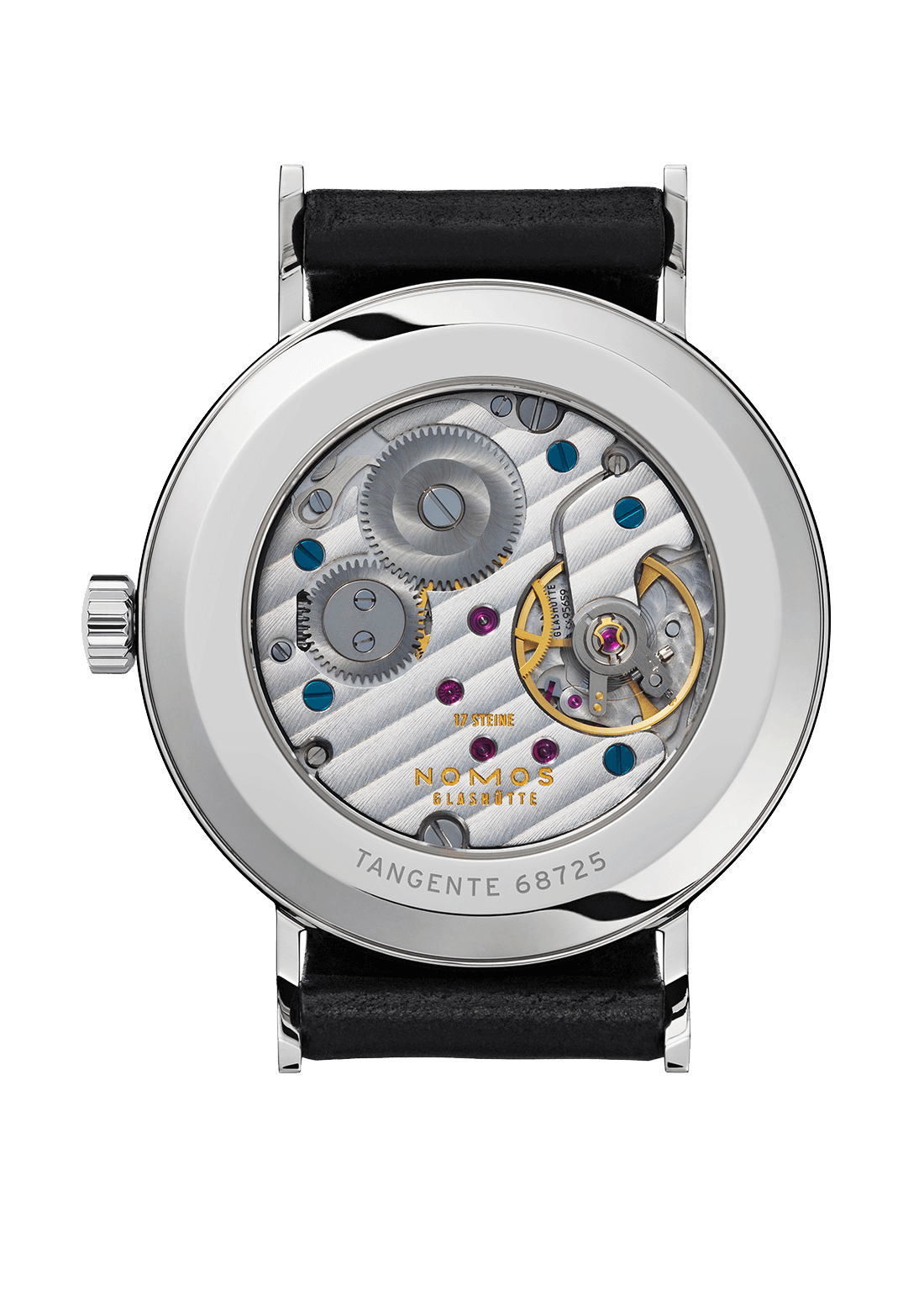 Tangente Uhr mit Saphirglasboden, Edelstahlgehäuse und schwarzem Horween Cordovan Armband.