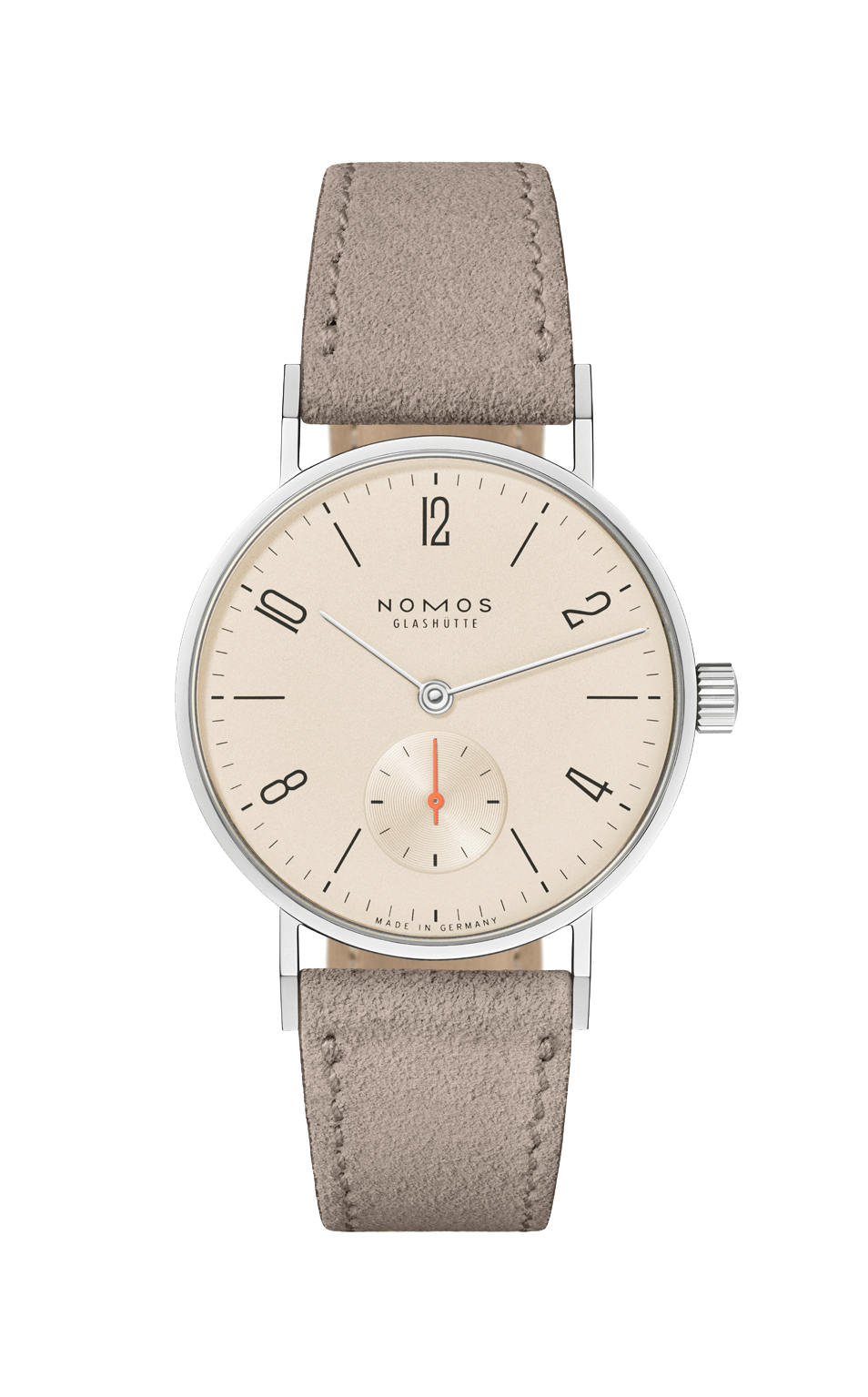 Tangente 33 champagner Armbanduhr aus Edelstahl, beige Velourslederarmband, Saphirglas, 32,8 mm Durchmesser.