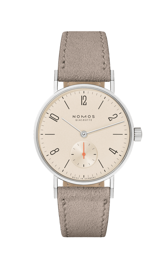 Tangente 33 champagner Armbanduhr aus Edelstahl, beige Velourslederarmband, Saphirglas, 32,8 mm Durchmesser.