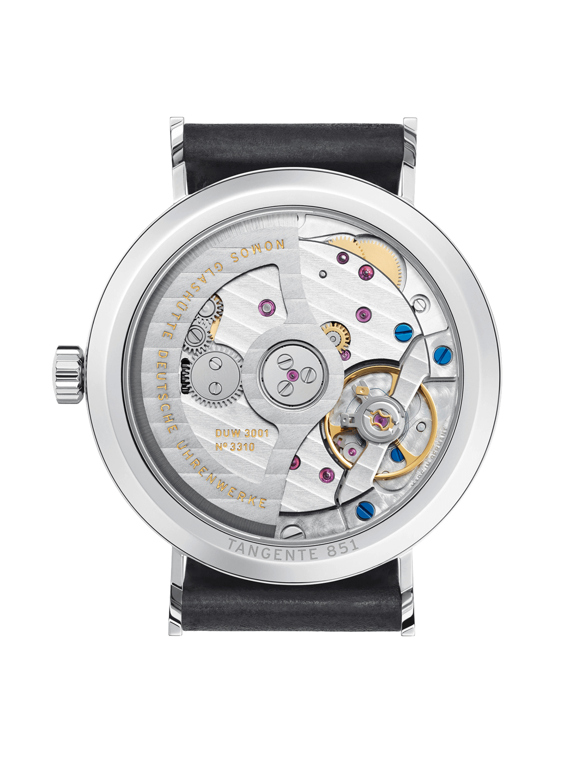 Tangente neomatik Uhr mit Edelstahlgehäuse, Saphirglasboden, schwarzes Horween Armband.