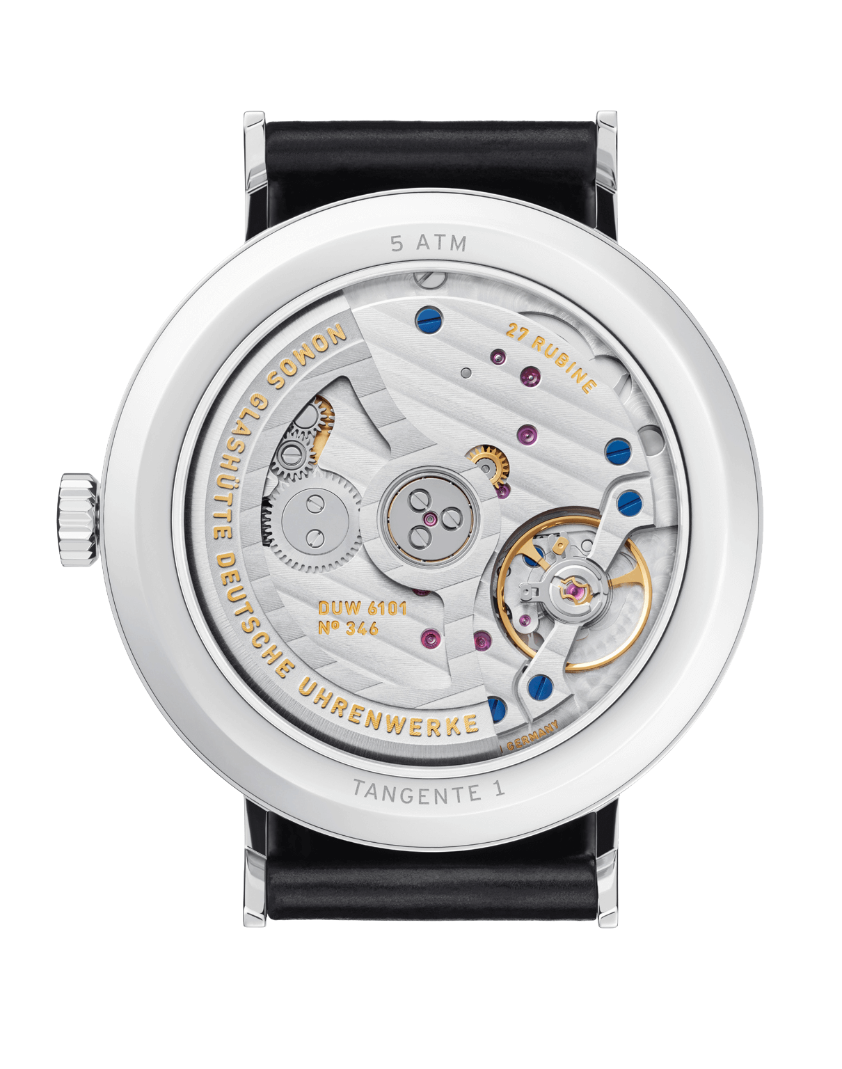 Tangente neomatik 41 Update Edelstahl-Uhr mit Saphirglasboden und schwarzem Horween-Armband.
