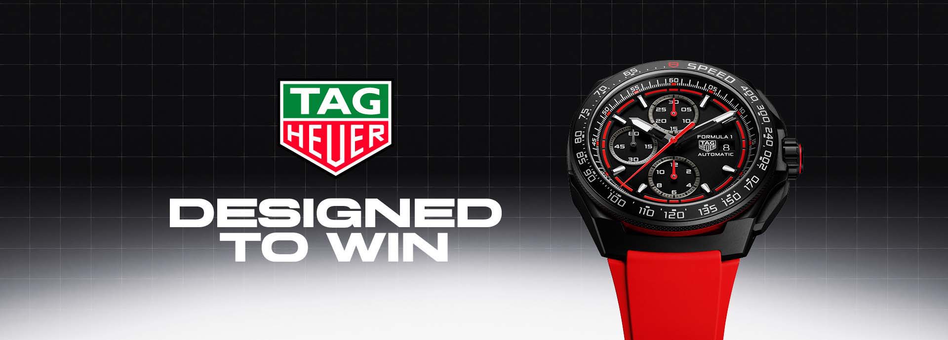 TAG Heuer Formula 1 Uhr mit schwarzem Zifferblatt und rotem Armband neben Slogan "Designed to Win"