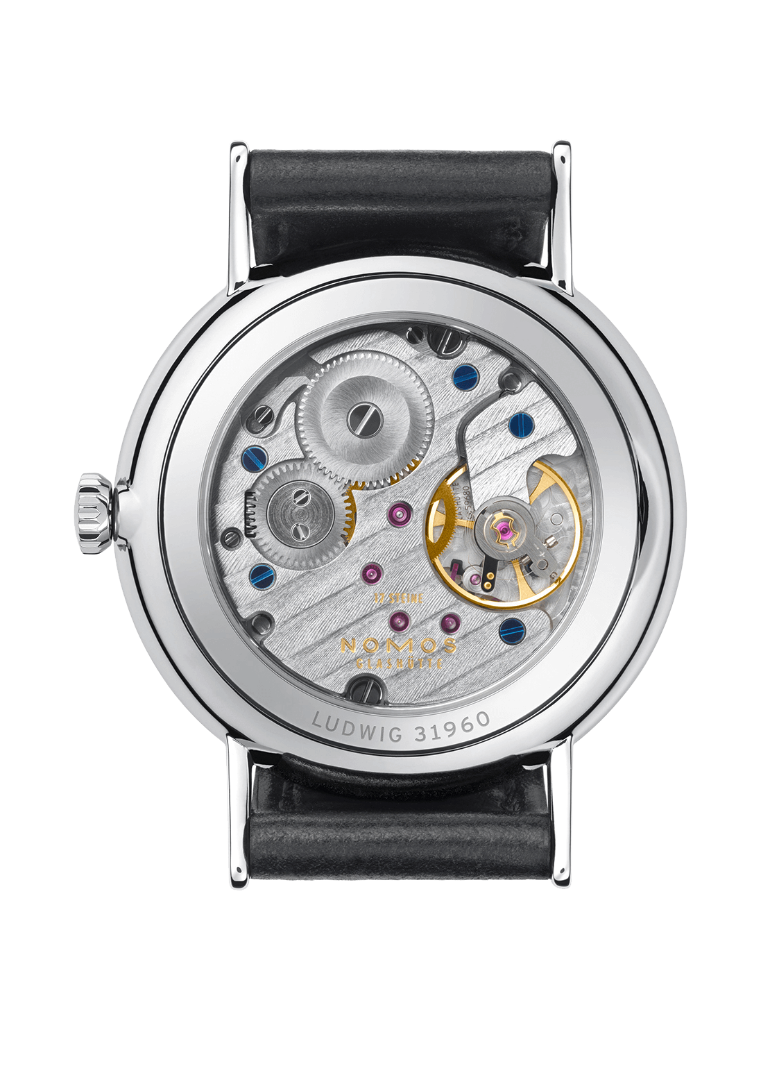 Edelstahl-Uhr Ludwig mit Saphirglasboden, Handaufzug, schwarzes Horween Cordovan-Armband.