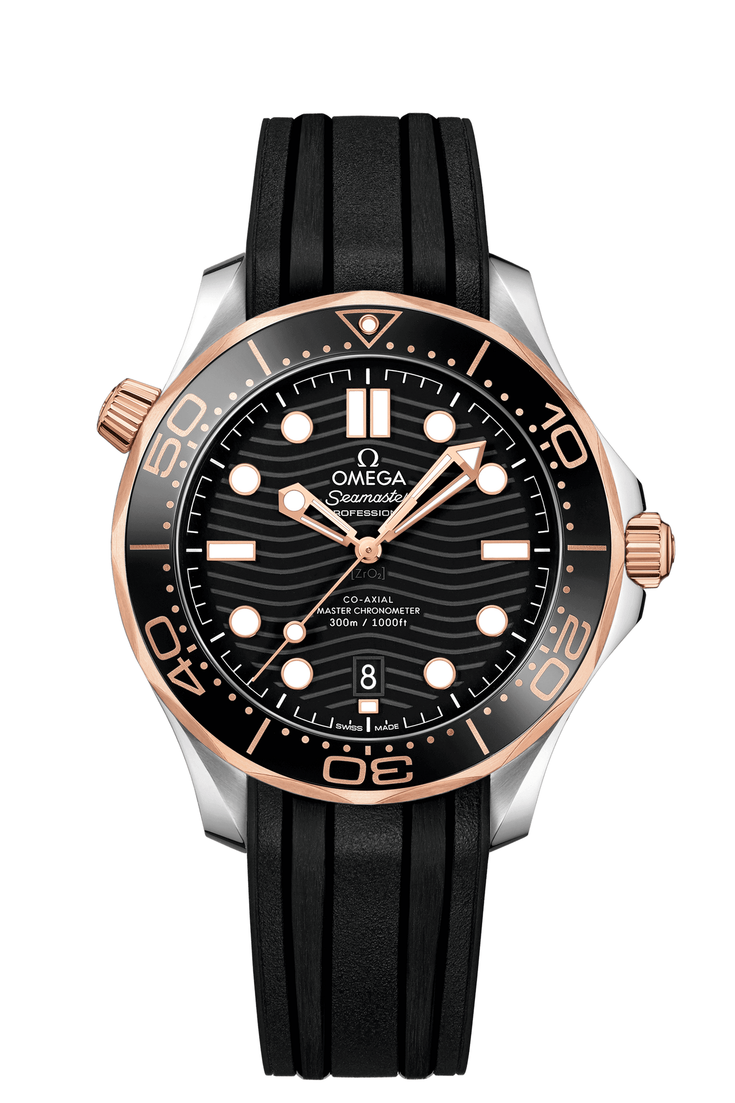 SEAMASTER – DIVER 300M, 42 mm, Stahl-Sedna-Gold, schwarzes Zifferblatt, Kautschukarmband, kratzfestes Saphirglas.