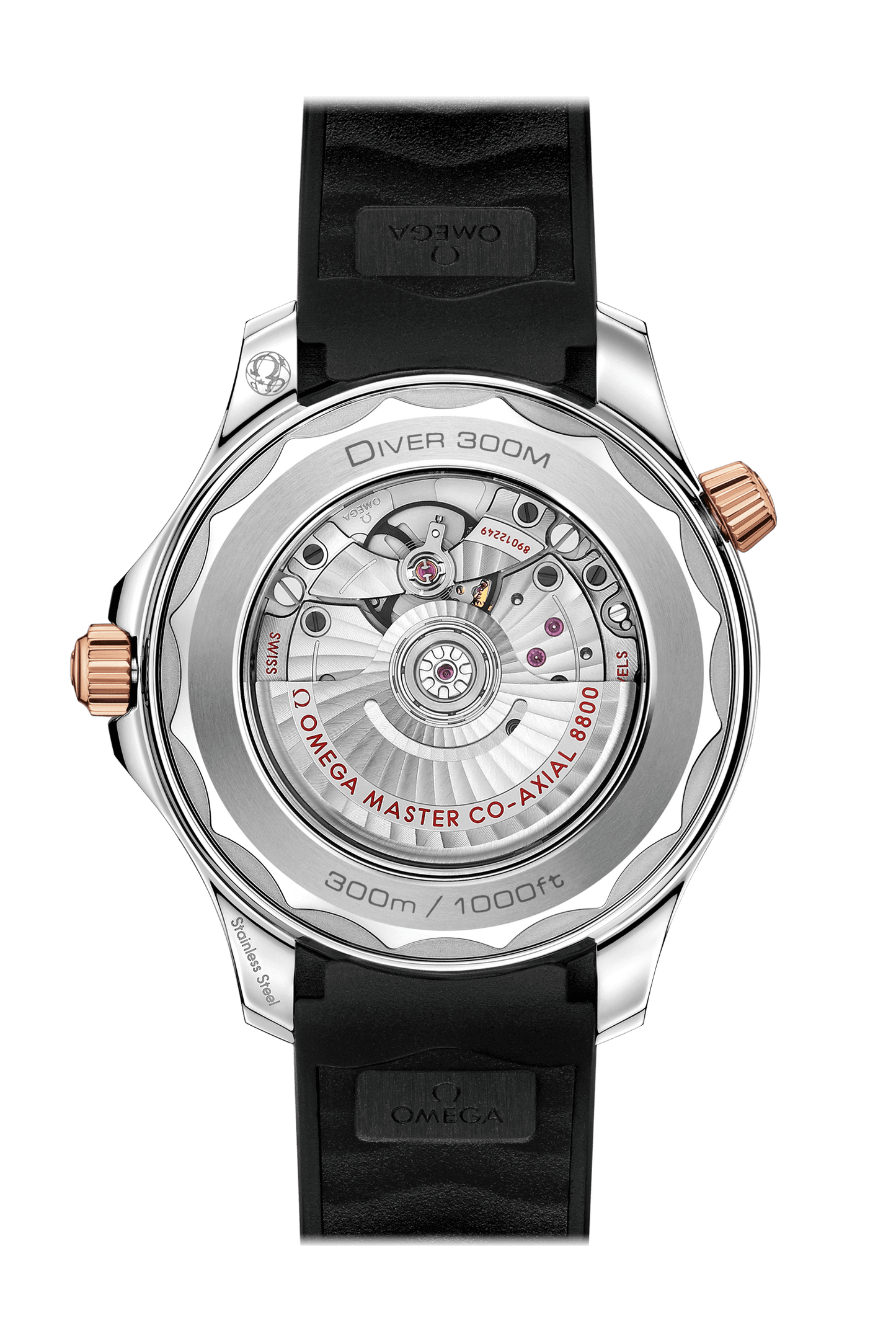 SEAMASTER – DIVER 300M OMEGA Co-Axial Master Chronometer, 42 mm, Stahl-Sedna™-Gold Gehäuse, Kautschukband, transparenter Gehäuseboden.