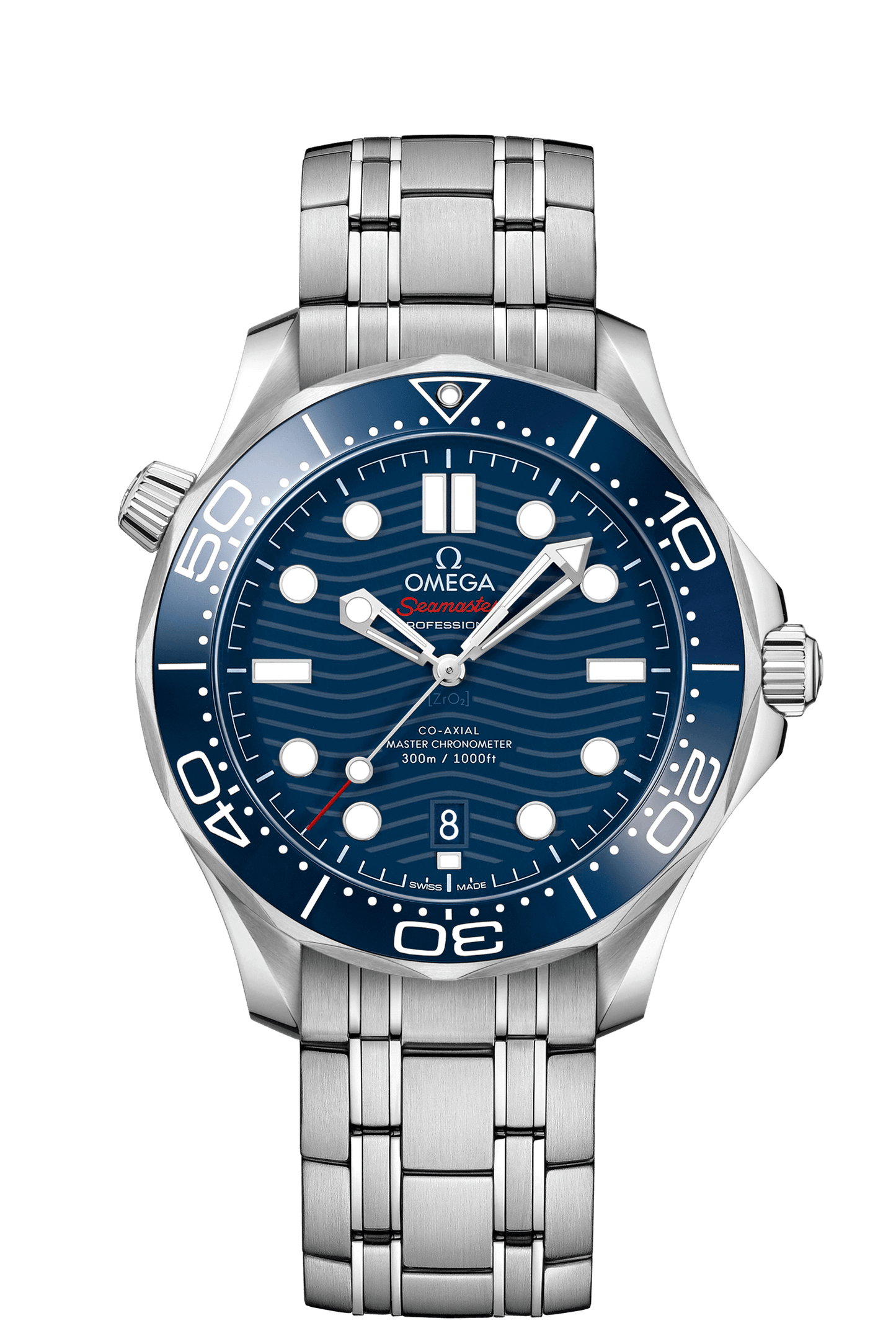 SEAMASTER – DIVER 300M OMEGA Uhr, 42 mm Stahlgehäuse, blaues Zifferblatt, Automatikuhr, Saphirglas, wasserdicht bis 300 Meter.