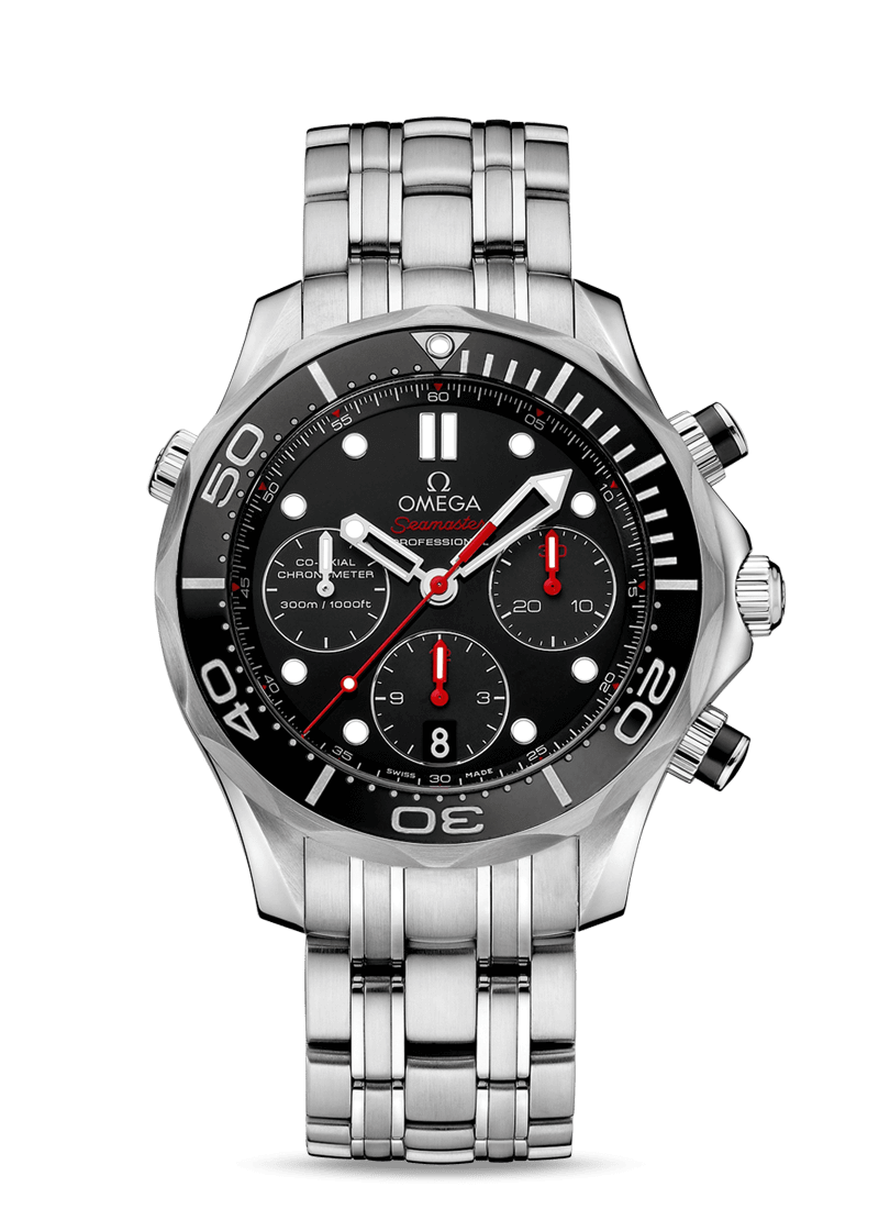 Seamaster Diver 300M Co-Axial Chronograph with black dial and stainless steel bracelet.
