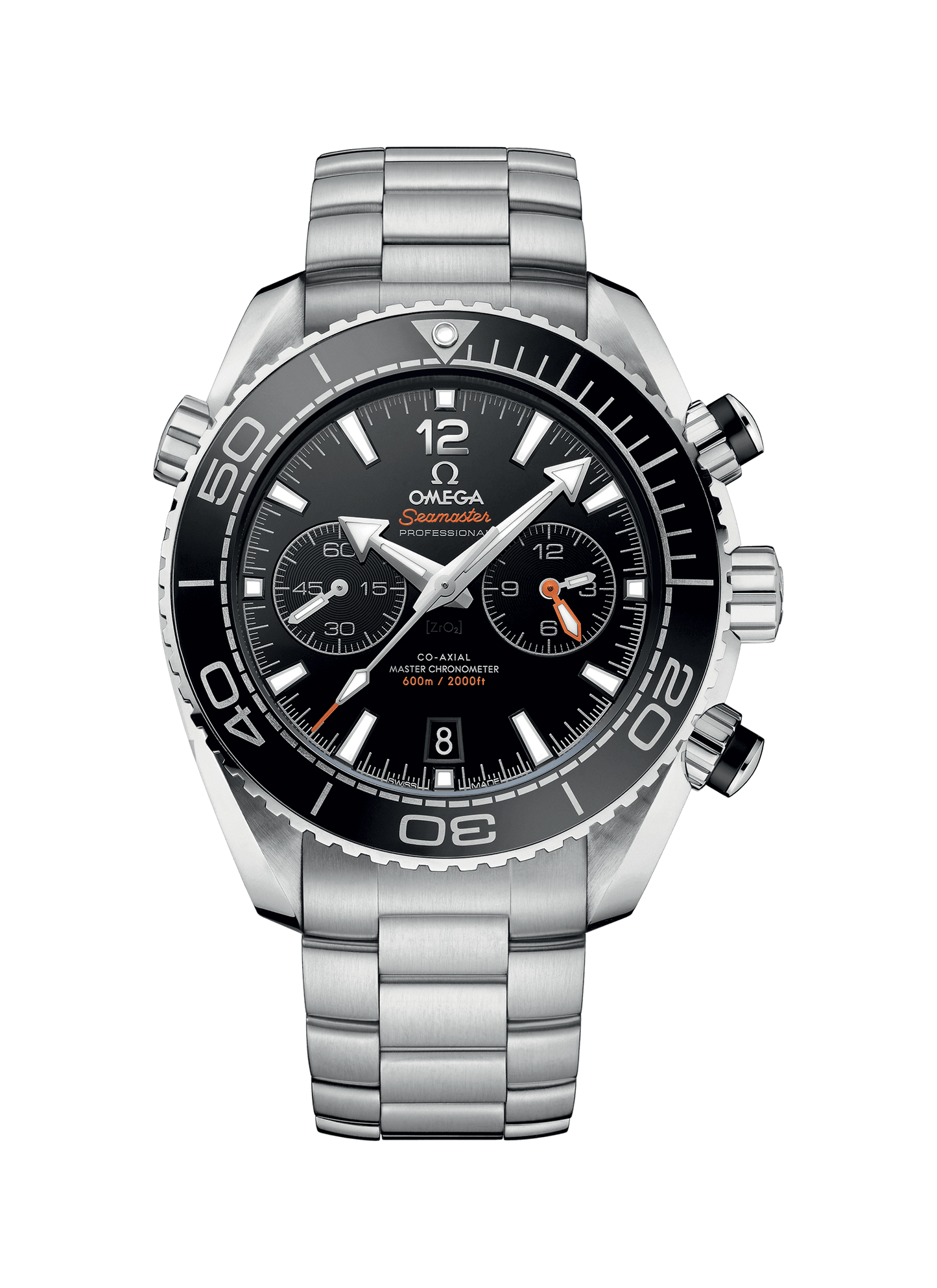Omega Seamaster Planet Ocean 600M Chronograph watch with stainless steel case and bracelet, featuring a 45.5mm diameter, anti-reflective sapphire crystal, and 600m water resistance.