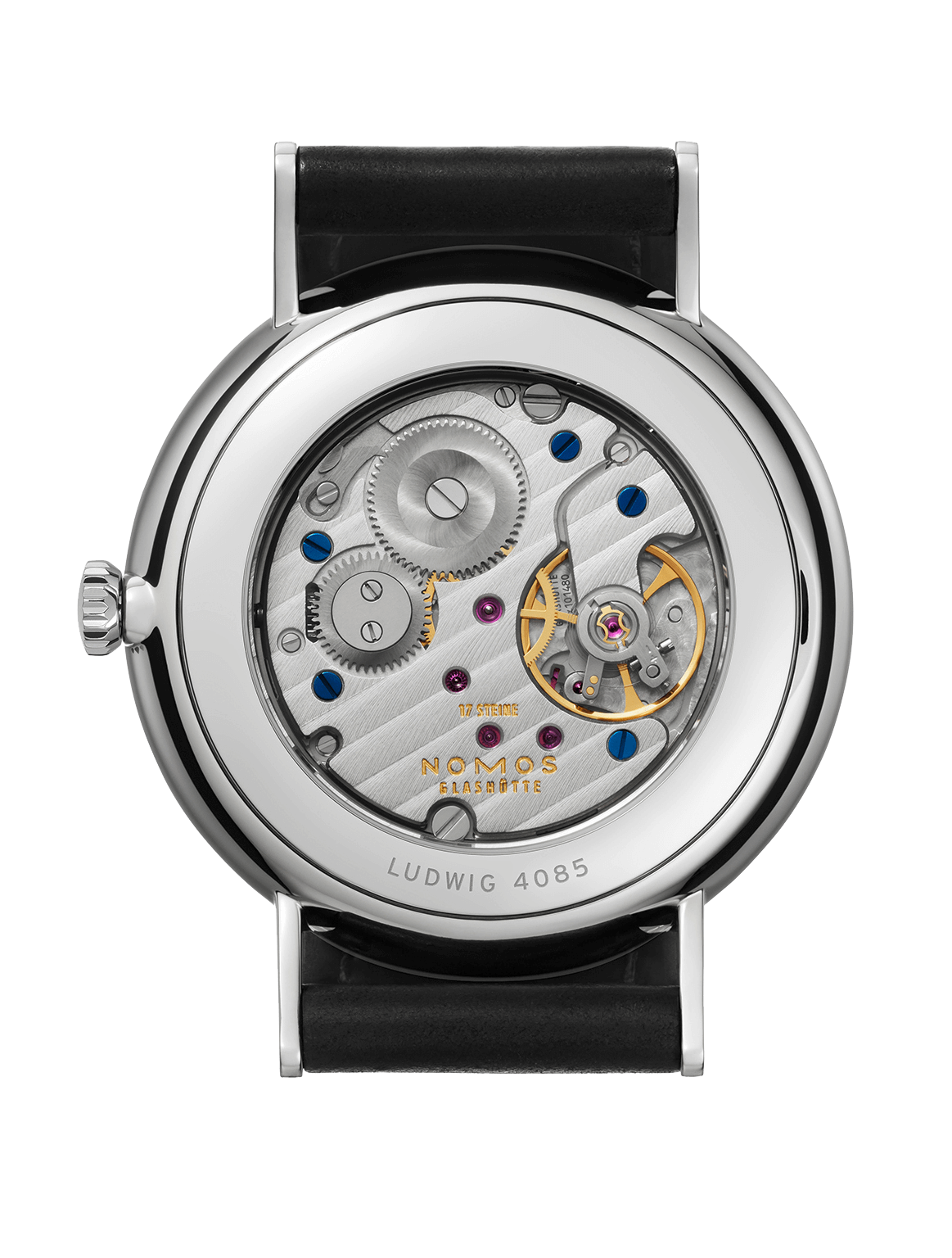 Ludwig 38 Uhr mit Edelstahlgehäuse und Saphirglasboden, schwarzes Horween-Armband.