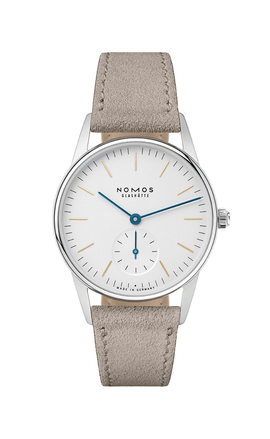 Orion 33 Armbanduhr aus Edelstahl mit gewölbtem Saphirglas, beigem Velourslederarmband.