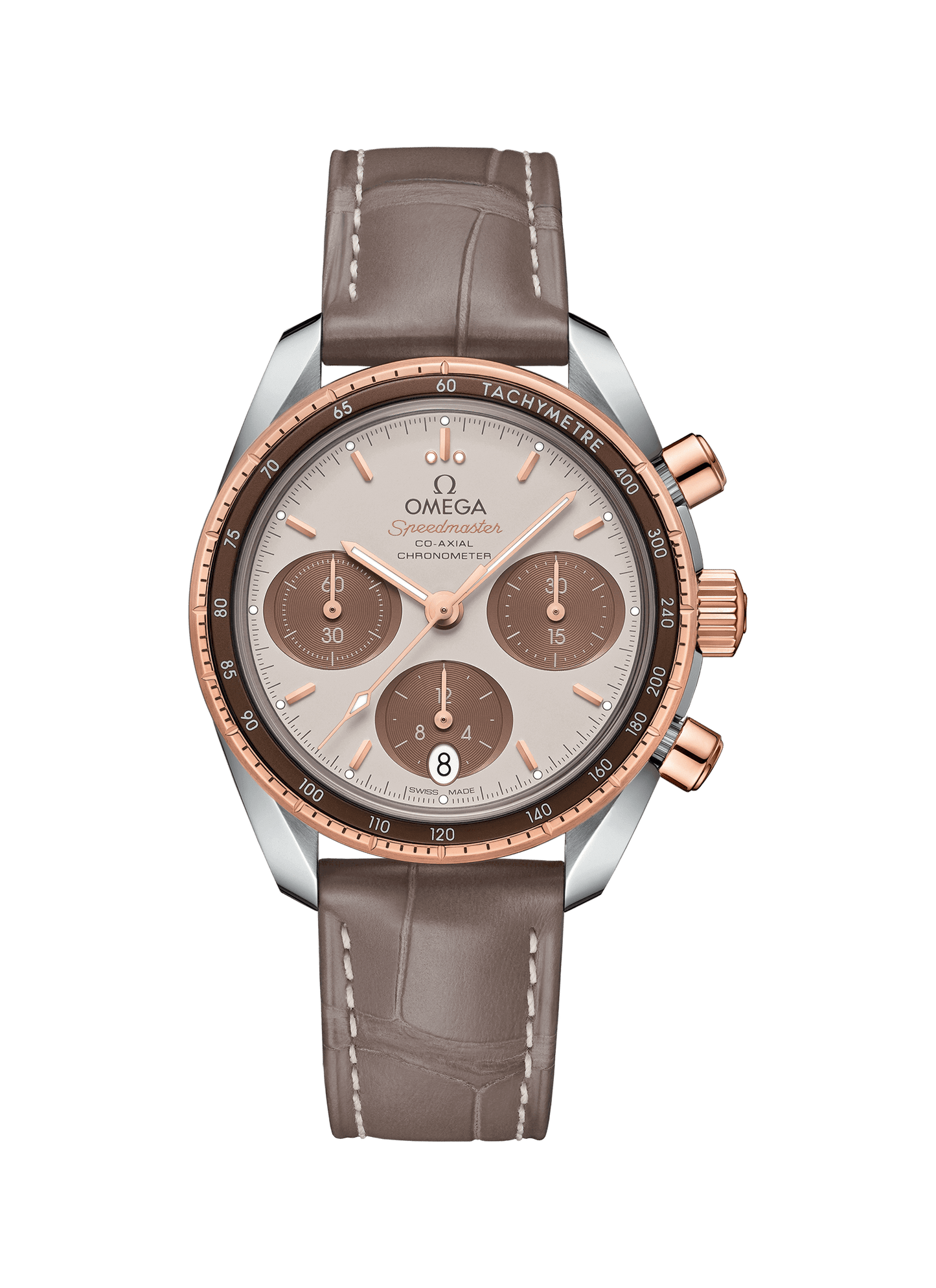 Speedmaster 38 Co-Axial Chronograph mit Stahl- und SednaTM-Goldgehäuse, 38 mm, Lederarmband, Saphirglas.