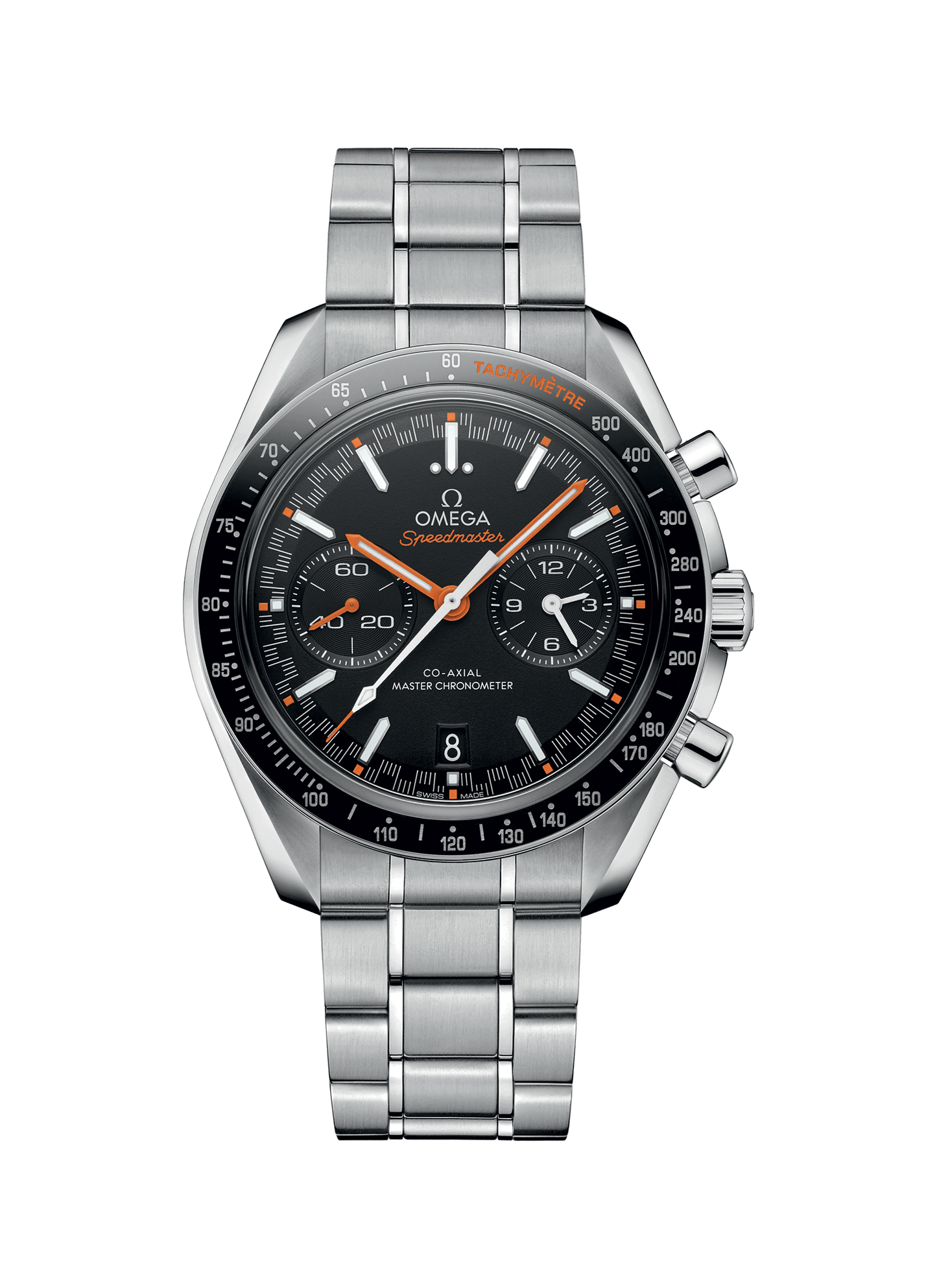 Speedmaster – Racing Omega Co-Axial Master Chronometer Chronograph 44,25 mm aus Stahl mit Tachymeter und Saphirglas.