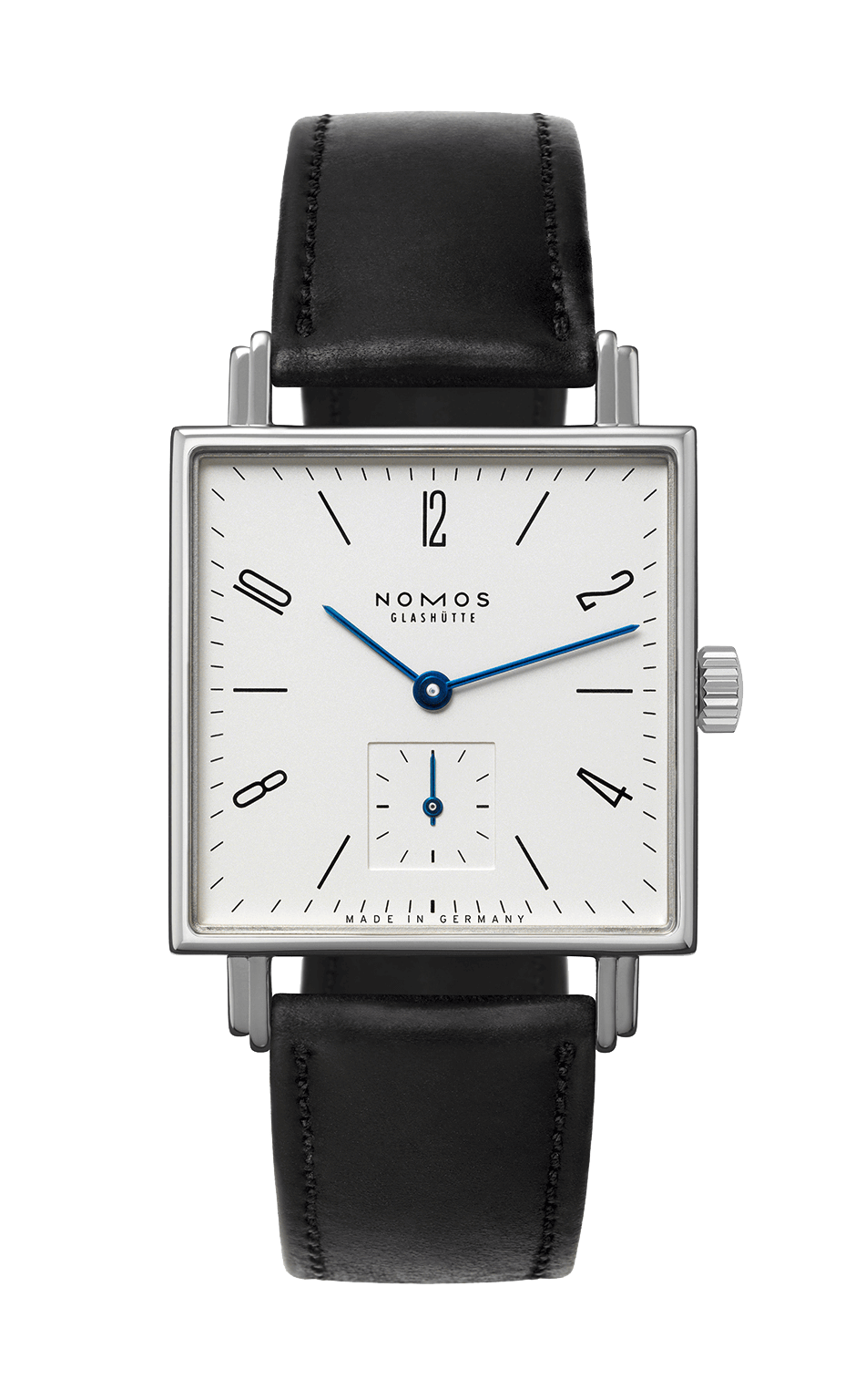 Edelstahl Saphirglasboden watch with black Horween Shell Cordovan strap, 29.5mm square face, and hand-wound movement.