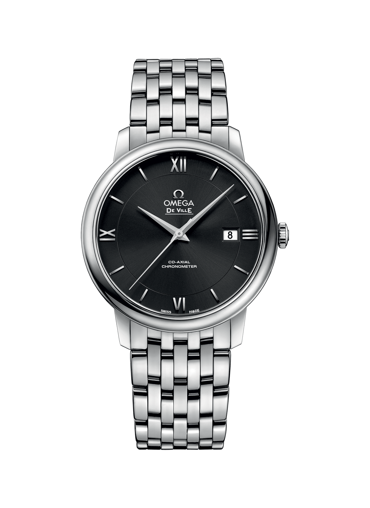 DE VILLE PRESTIGE Co-Axial 39.5mm steel watch with black dial and sapphire glass.