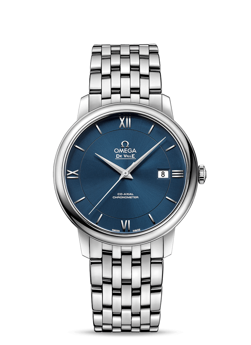DE VILLE PRESTIGE Co-Axial 39.5 mm watch with steel case and bracelet, blue dial, sapphire crystal.