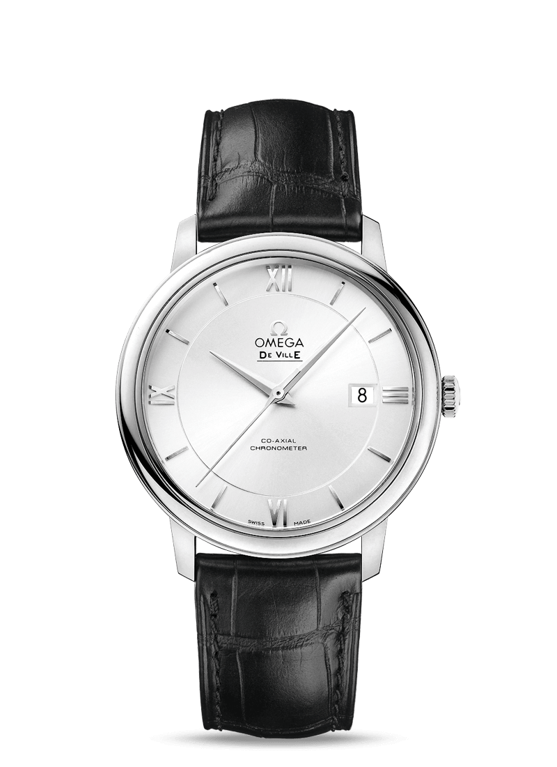 DE VILLE PRESTIGE CO-AXIAL 39.5 mm watch with leather strap and scratch-resistant sapphire glass.