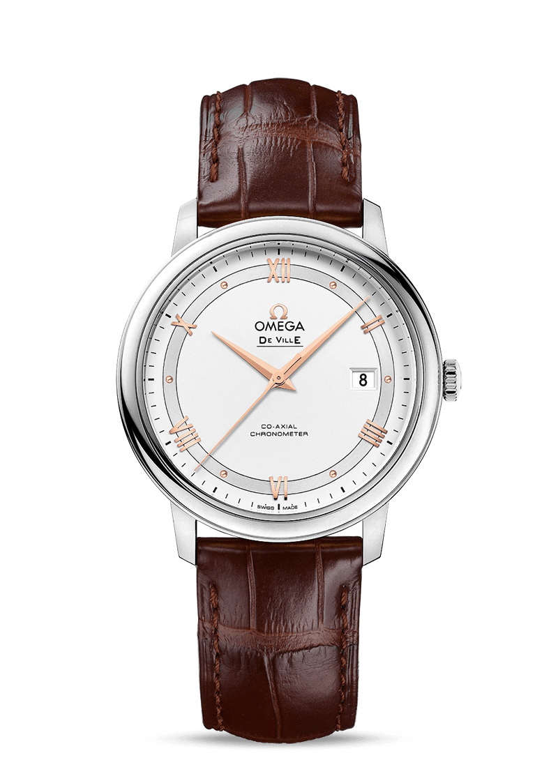 DE VILLE PRESTIGE Co‑Axial 39.5mm watch with steel case and leather strap.