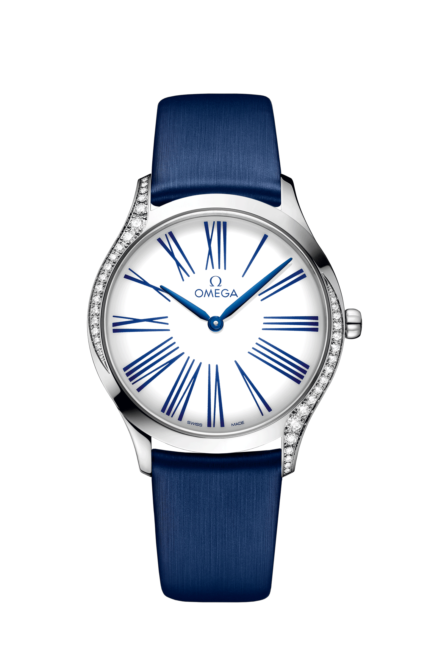DE VILLE TRÉSOR Quartz watch with blue textile strap, diamond-accented steel case, and scratch-resistant sapphire crystal.