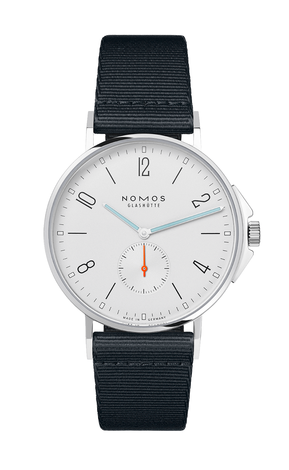 Stainless steel watch with domed sapphire crystal and woven blue-black textile strap.