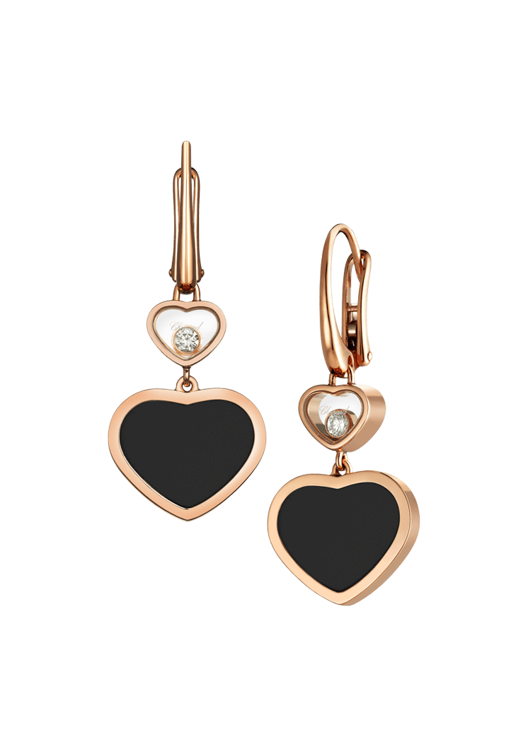 750er-Roségold Ohrhänger mit Onyx-Herz und beweglichen Diamanten, „Happy Hearts“-Kollektion.
