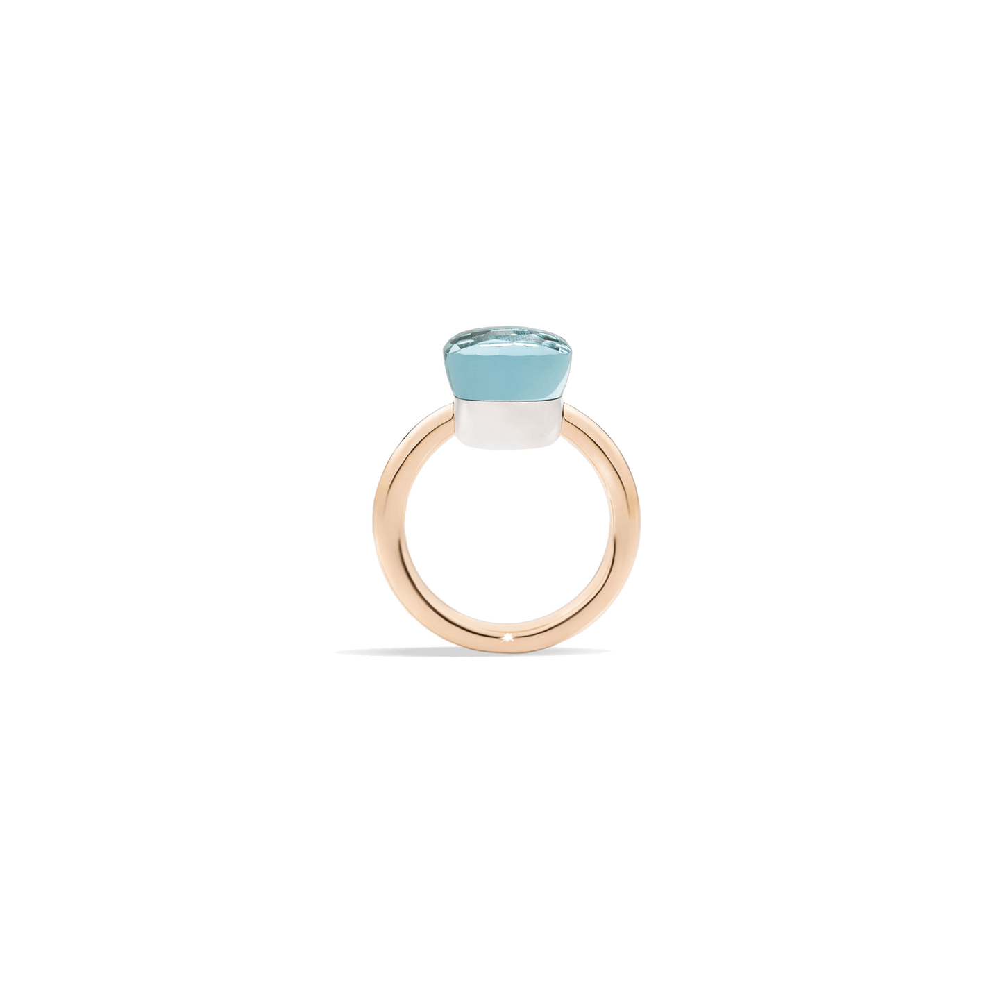 Ring Nudo Classic aus 750er Roségold mit Weißgoldfassung und facettiertem, hellblauem Topas.
