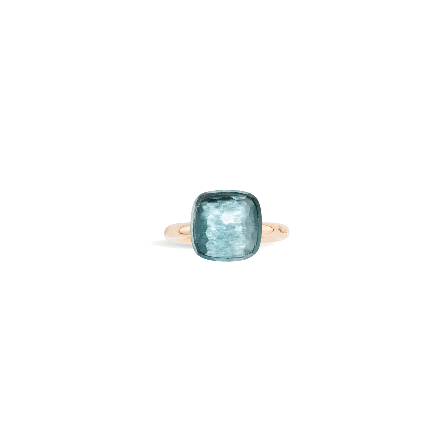 Ring Nudo Maxi aus Roségold mit hellblauem Topas und Weißgoldfassung.