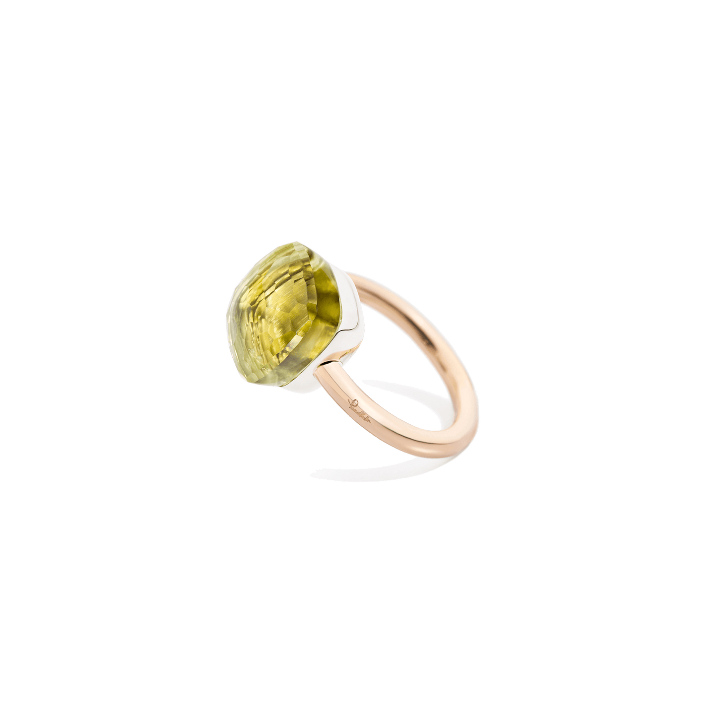 Ring Nudo Maxi aus 750er Roségold mit 750er Weißgoldeinfassung und facettiertem Zitronenquarz.