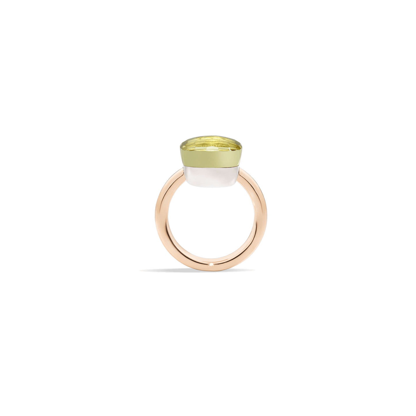 Ring Nudo Maxi aus 750er Roségold mit weißgoldener Einfassung und facettiertem Zitronenquarz.