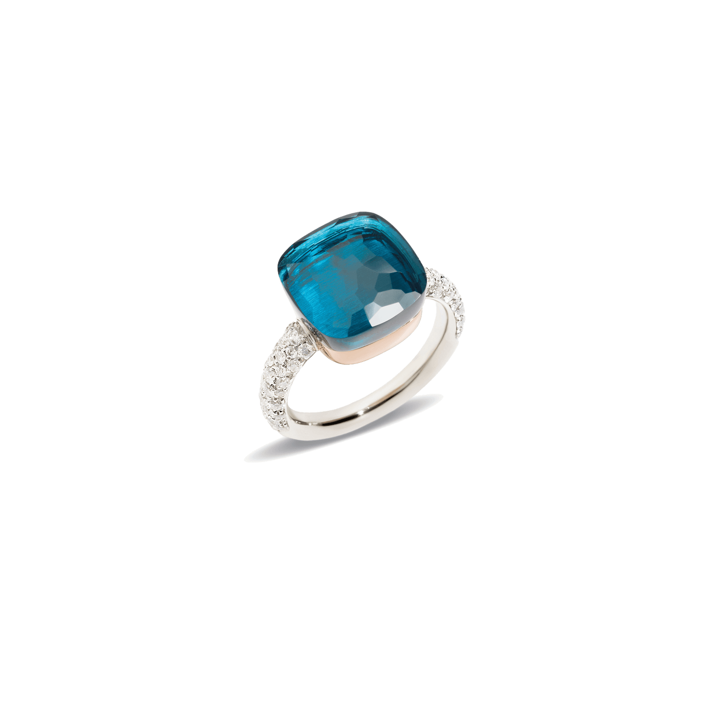 Ring Nudo aus Weißgold und Roségold mit London Blue Topas und Diamanten.