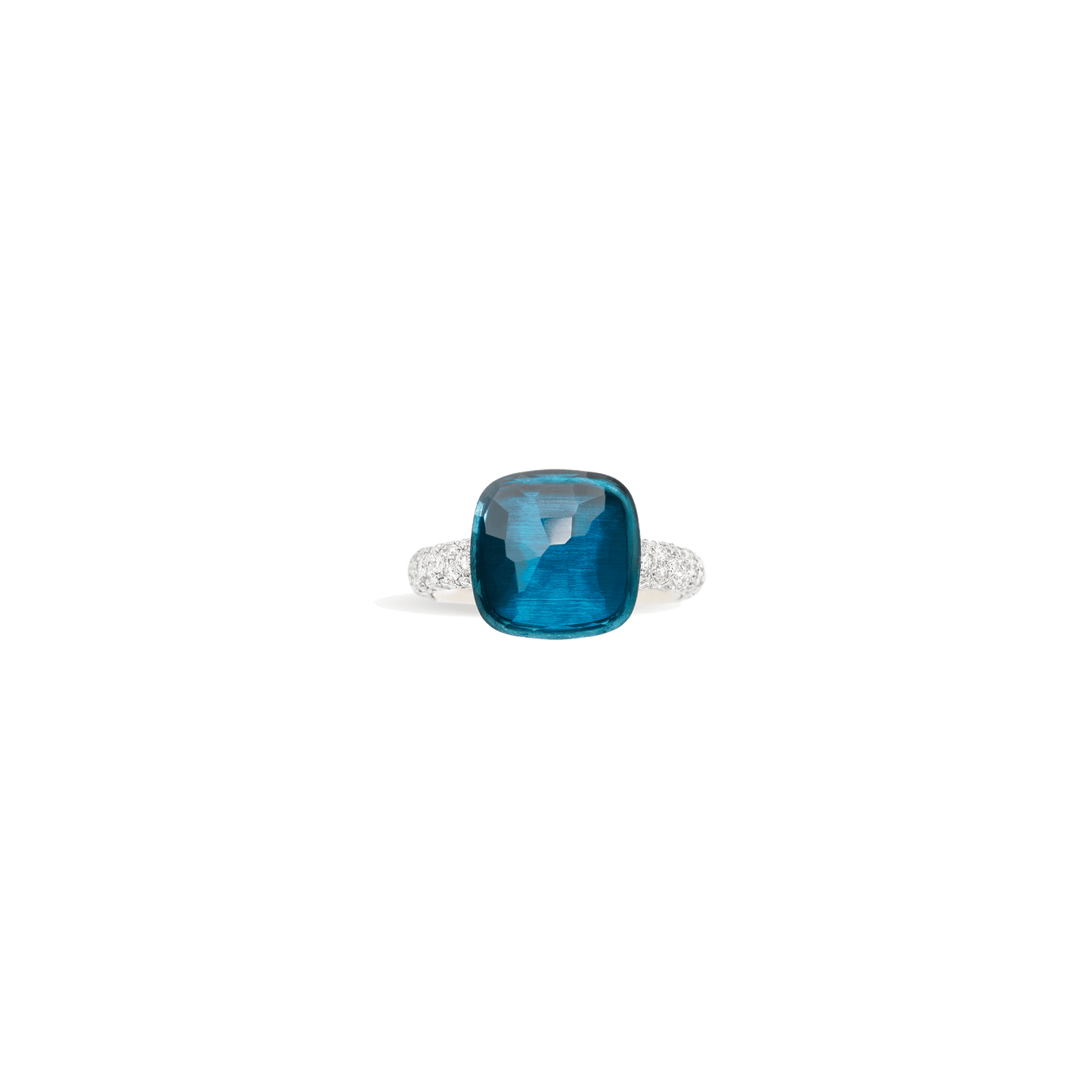 Ring Nudo mit Diamanten aus 750er Weißgold und Roségold, London Blue Topas und kleineren Diamanten.