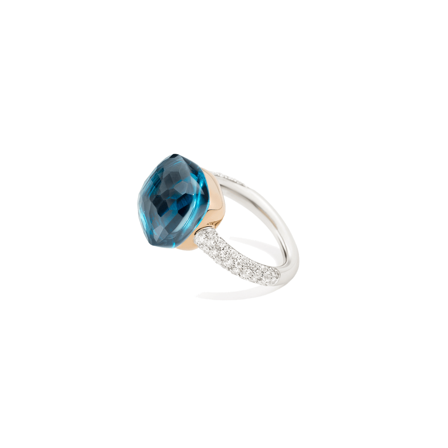 Ring Nudo aus Weißgold und Roségold mit London Blue Topas und Diamanten.