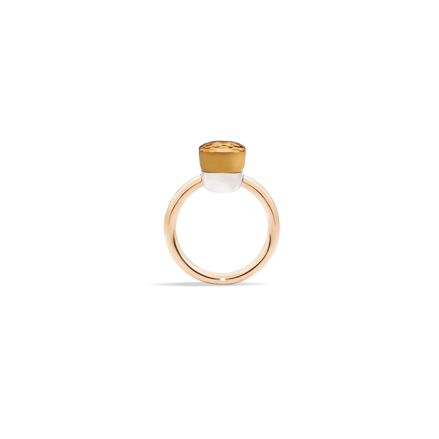 Ring Nudo Petit aus Roségold mit weißgoldener Einfassung und facettiertem Quarz.