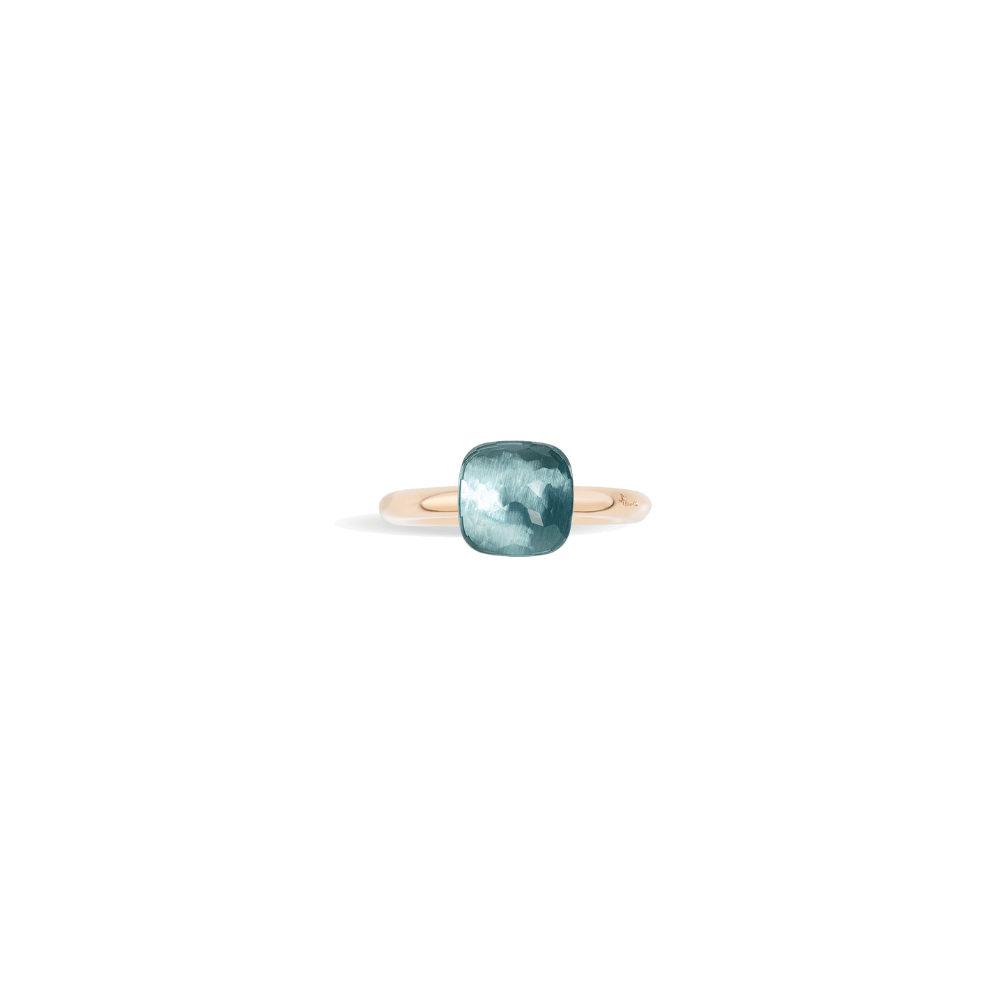 Ring Nudo Petit aus 750er Roségold mit 750er Weißgold-Fassung und facettiertem hellblauem Topas.