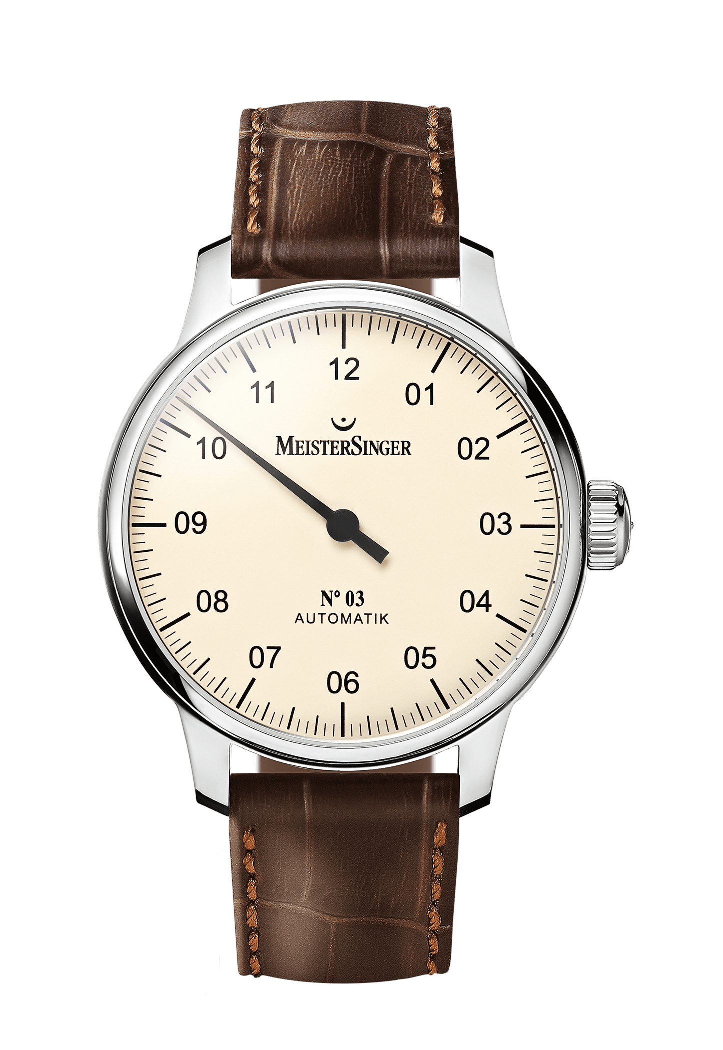 Luxurious automatic watch N°03 Elfenbein with ETA 2824-2 movement, stainless steel case, sapphire crystal, and brown leather strap.