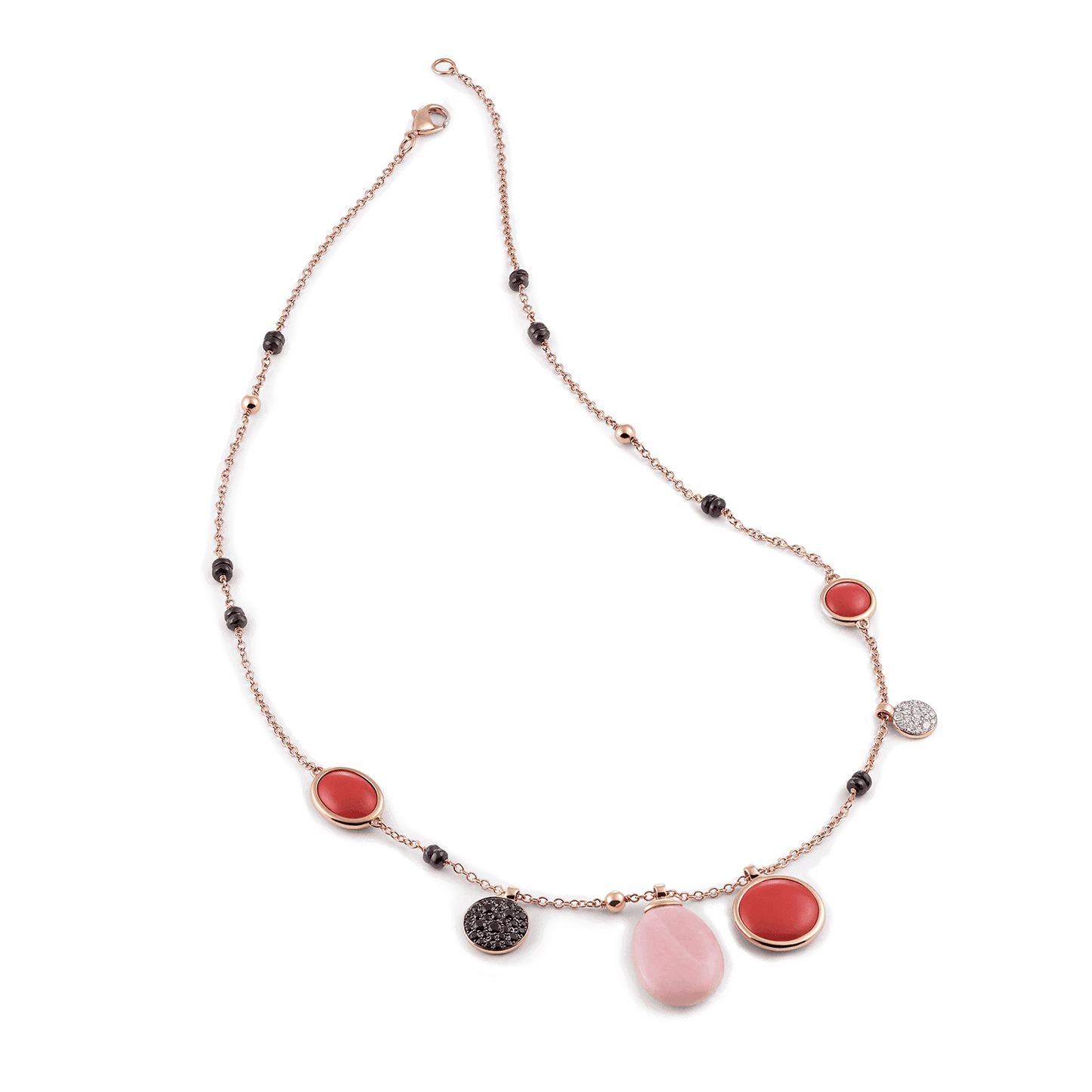 CANDY – Collier aus 750er Roségold mit Koralle, Chalzedon und schwarzen Saphiren, 43 cm Länge.