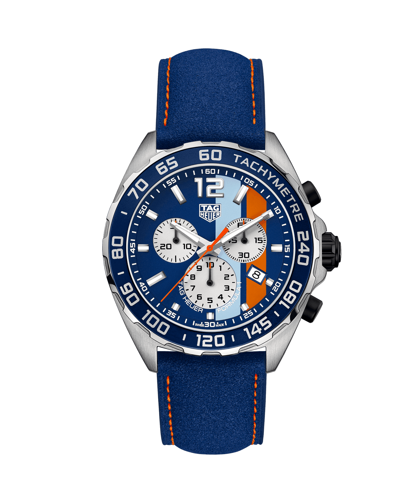 Uhr TAG HEUER FORMULA 1, 43 mm Edelstahlgehäuse, blaue Aluminiumlünette mit Tachymeterskala, blaues Kalbslederarmband.